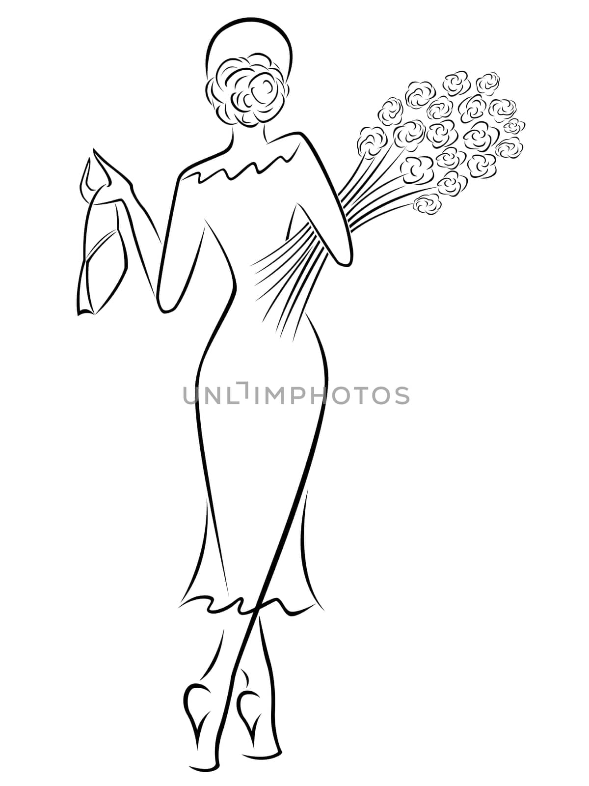 Graceful lady in a long dress with a bouquet of roses goes away, black over white hand drawing sketching vector artwork