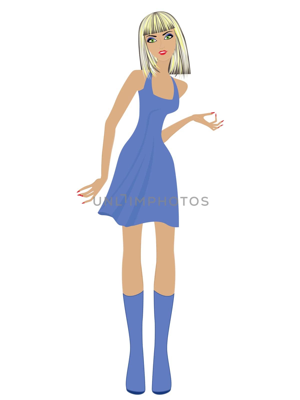 Fashionable slim blond women in short blue dress isolated on white background, hand drawing illustration