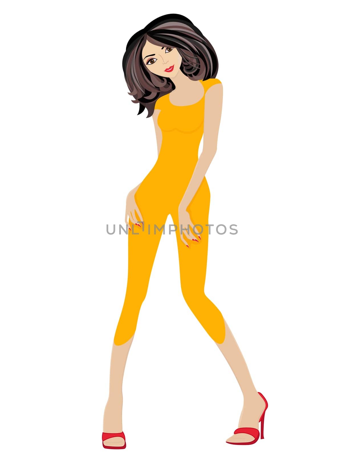 Attractive slim brunette in orange clothes and red shoes isolated on white background, hand drawing illustration