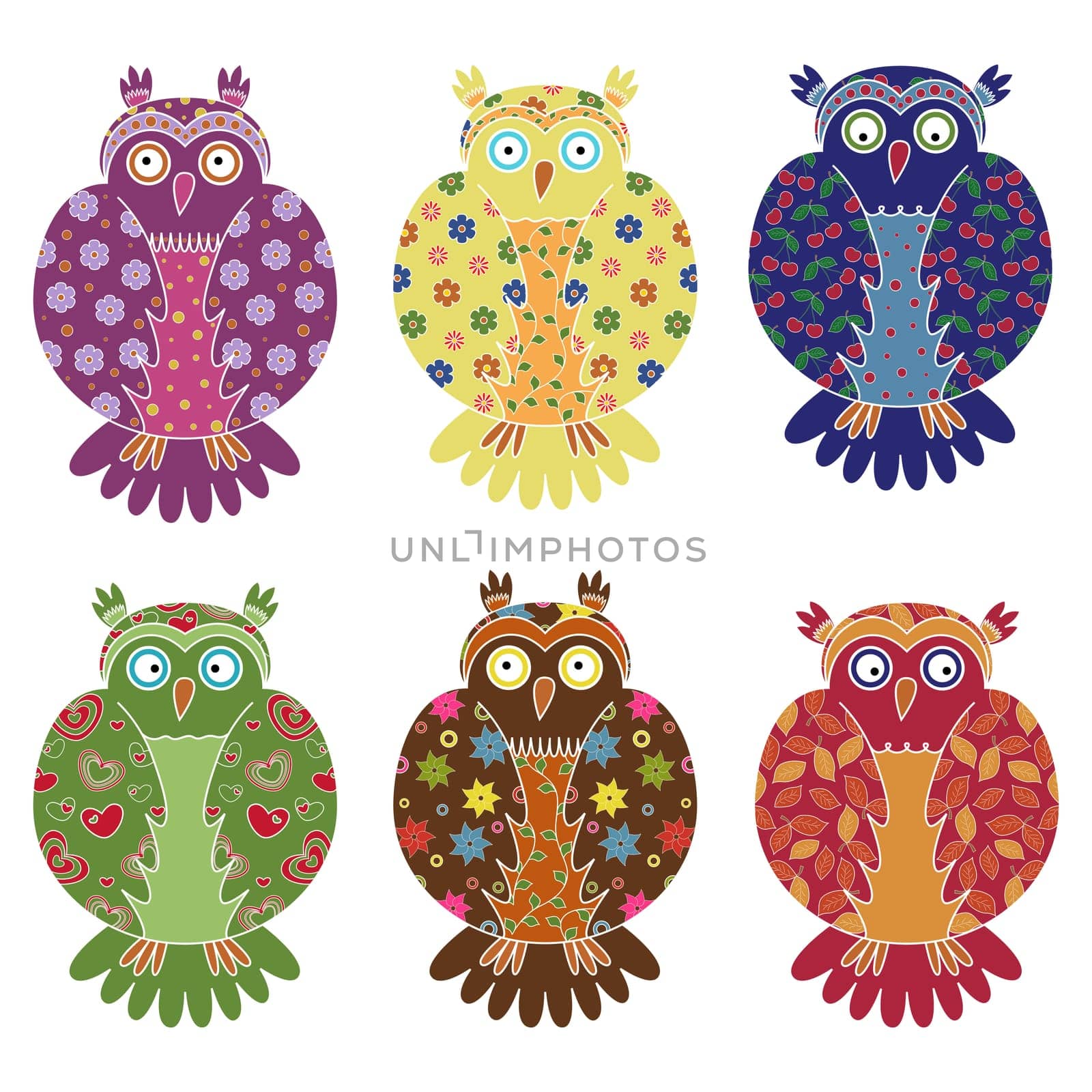 Set of six colourful vector owls with lace ornamental bodies and without contour lines, isolated on white background
