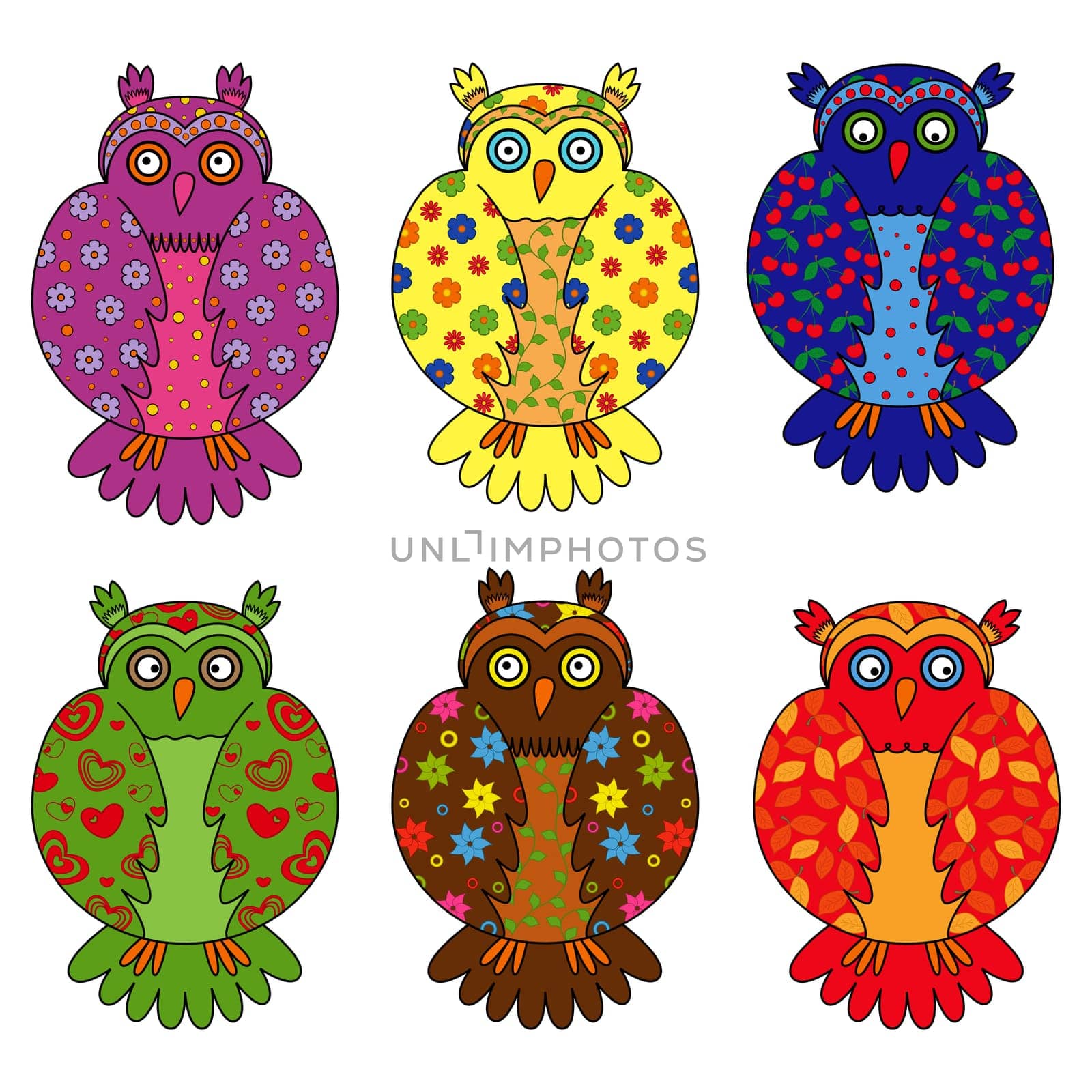Set of six stylized owls painted by various floral and geometric ornaments, hand drawing cartoon vector illustration