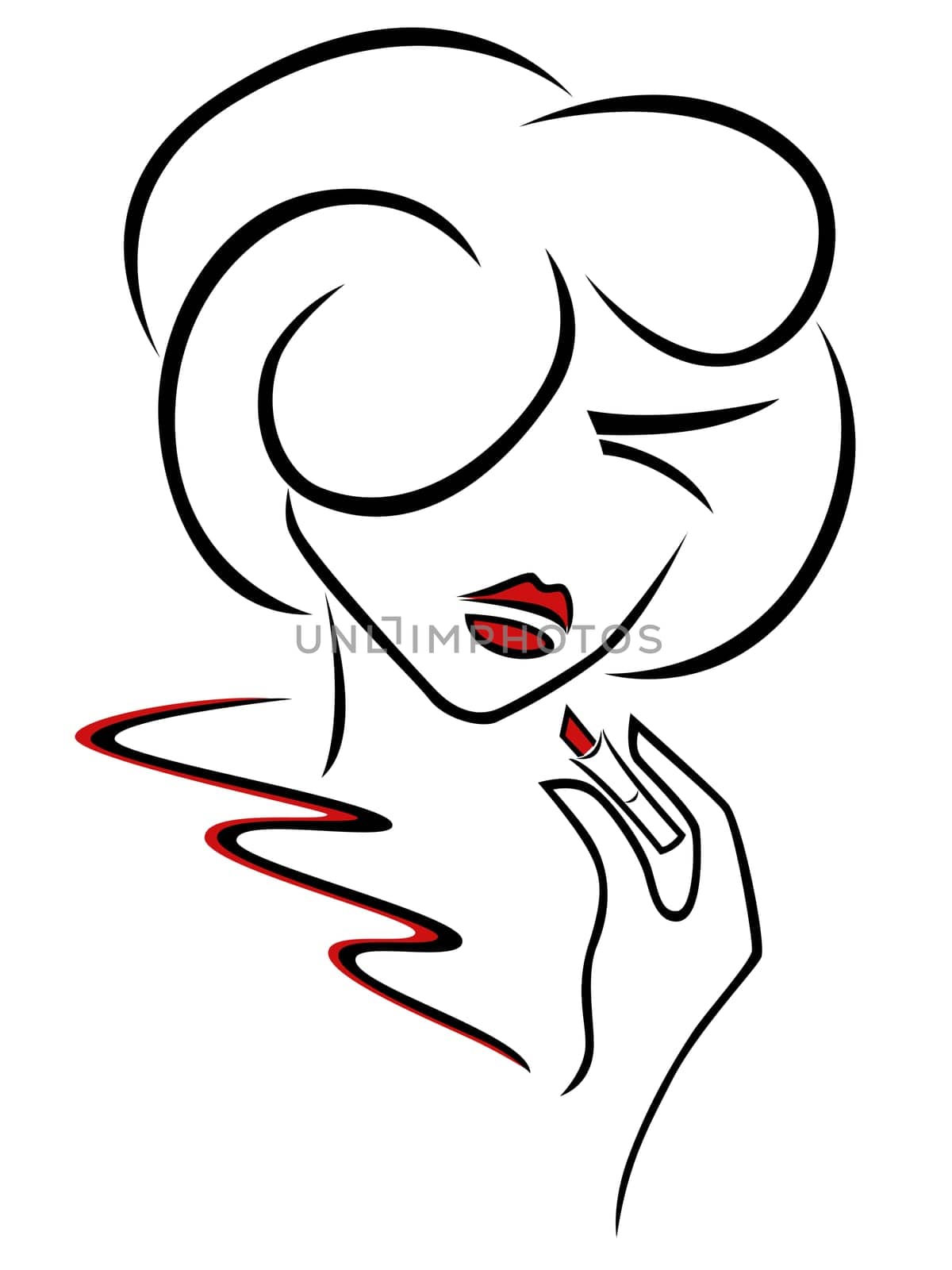 Young romantic woman uses a red lipstick, outline hand drawing sketching vector artwork