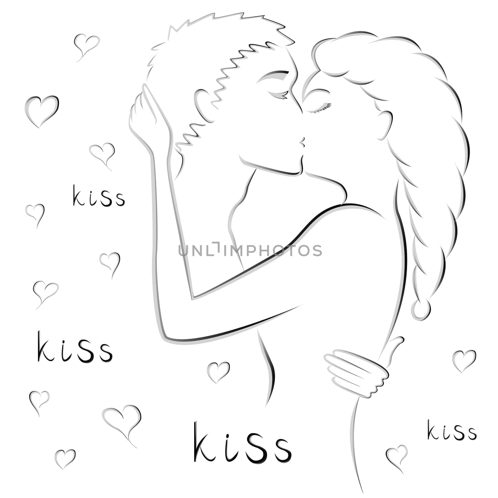 Abstract gradient contour of young couple kissing, hand drawing vector artwork