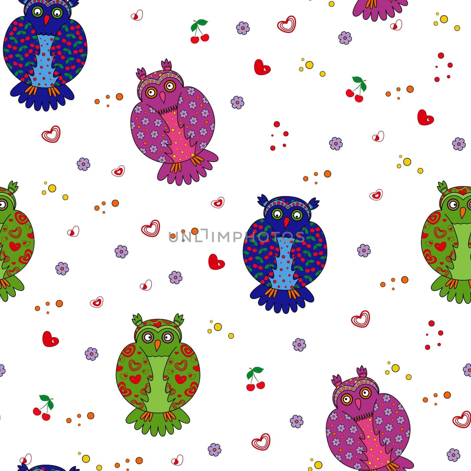 Seamless vector illustration with different multicolor stylized owls