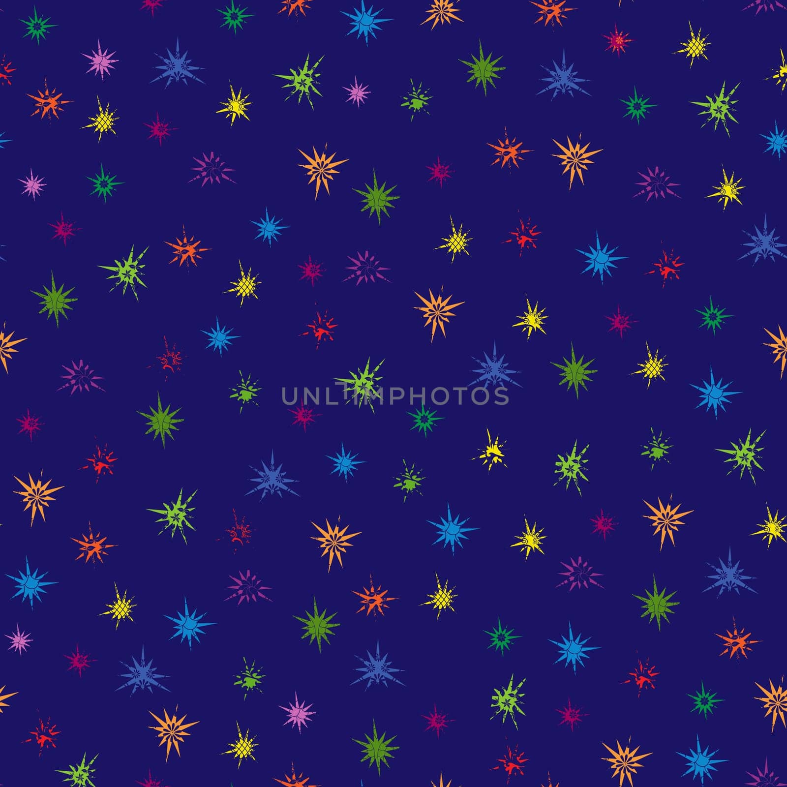 Multicolour ornamental stars seamless pattern with blue background, vector illustration