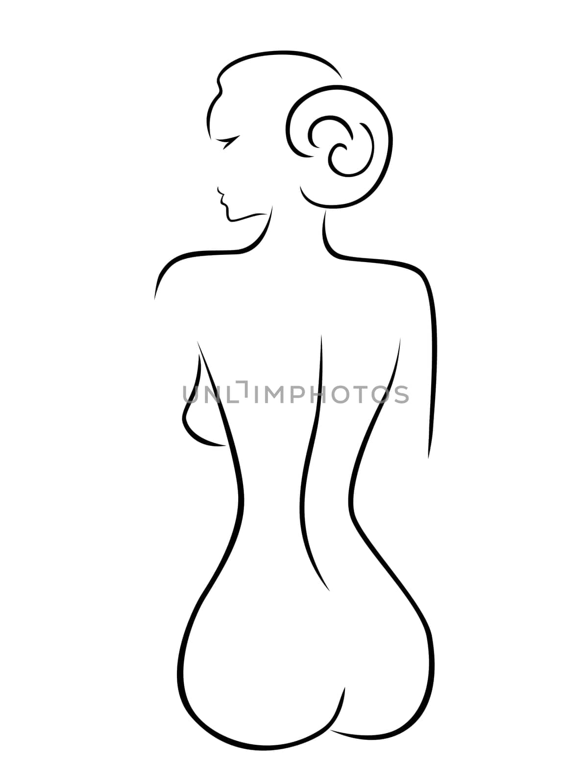 Abstract outline of a sexy woman sitting back, black over white hand drawing sketching vector artwork