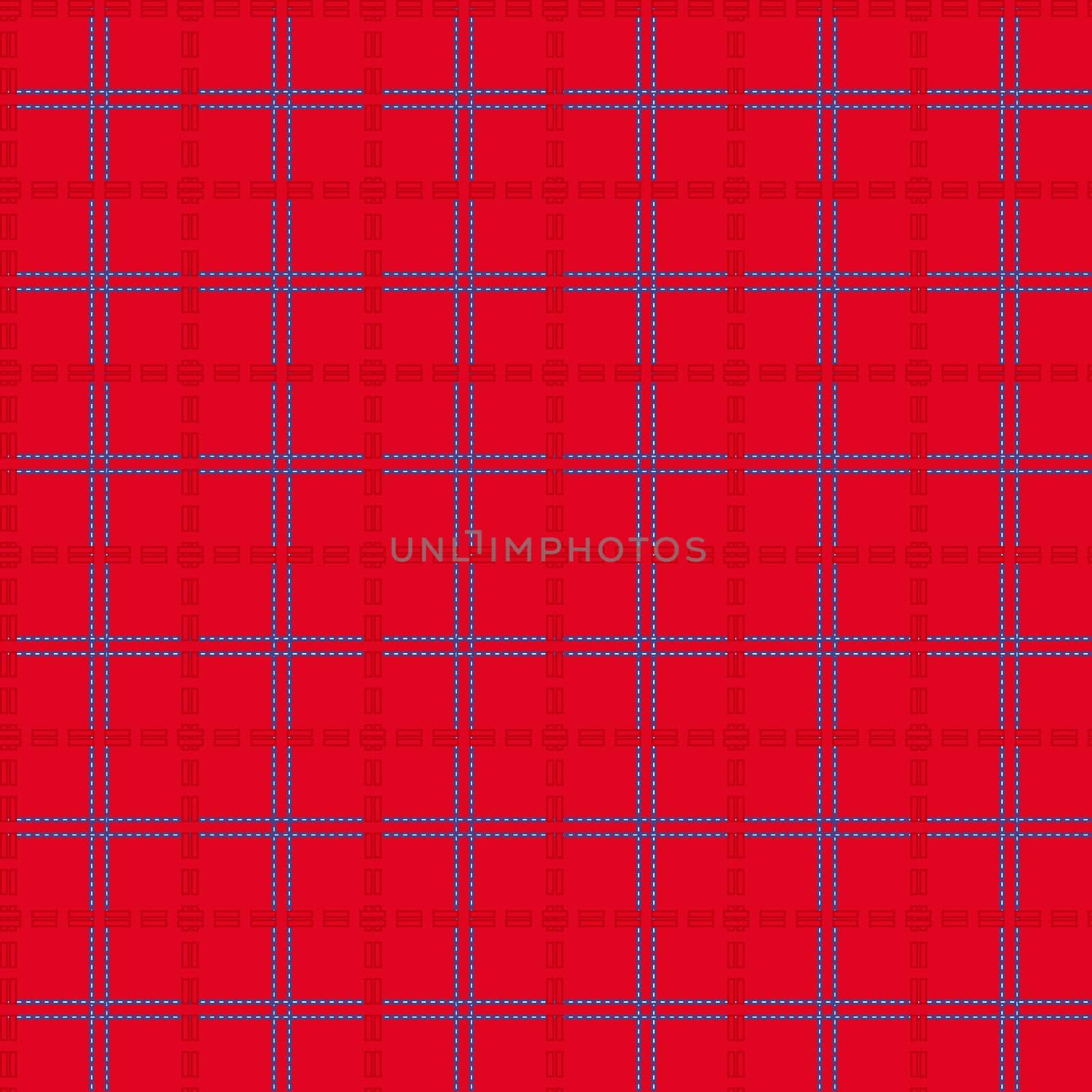 Bright red seamless mesh vector pattern with single and double dashed lines. Repeat background with geometrical array in blue and red