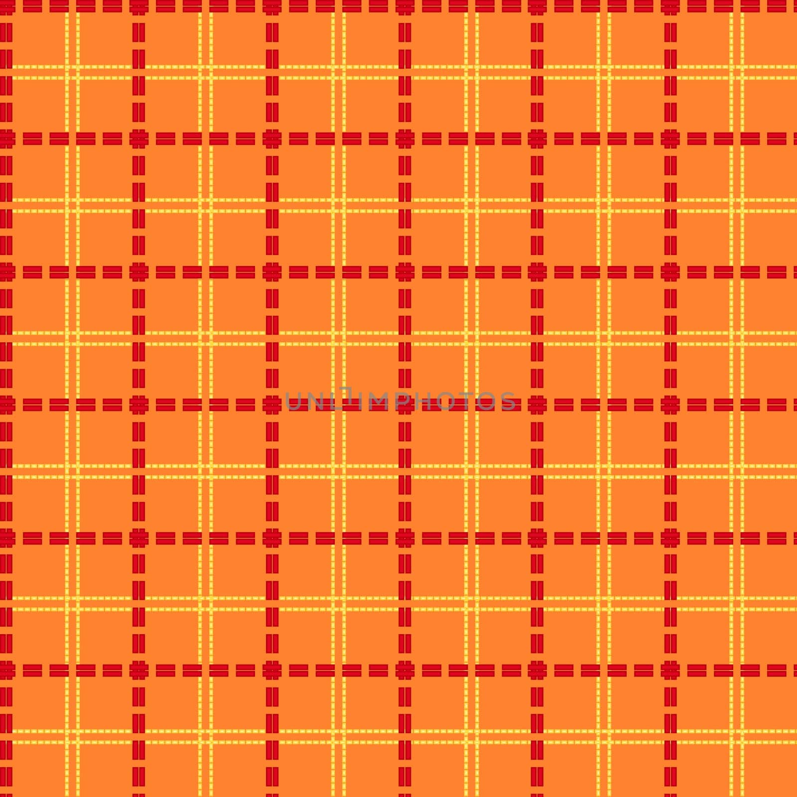 Bright orange seamless mesh vector pattern with single and double dashed lines. Repeat background with geometrical array in orange and red