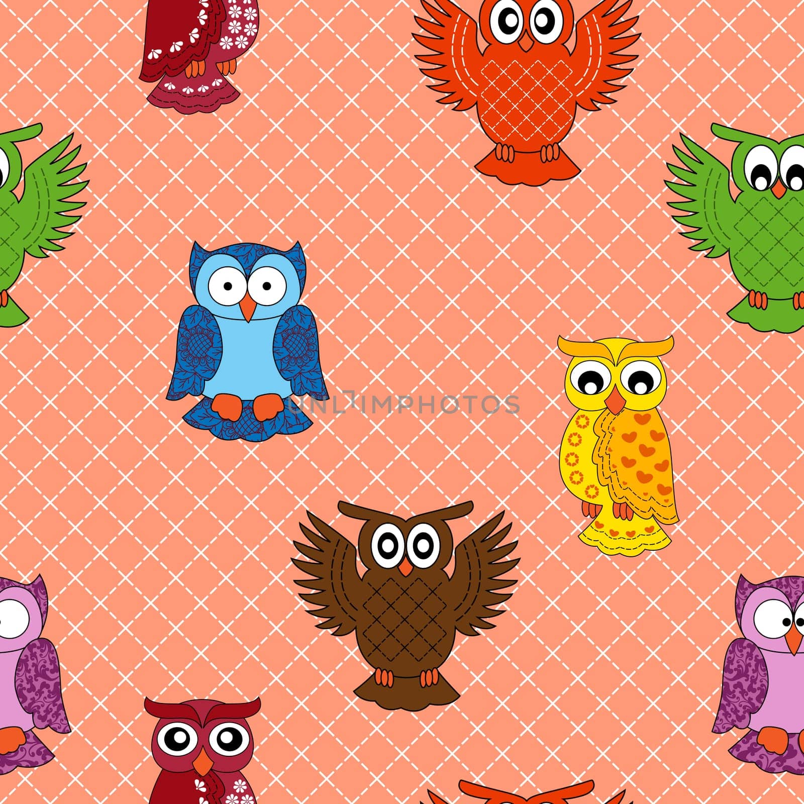 Colourful owl seamless pattern over seamless background, hand drawing cartoon vector illustration
