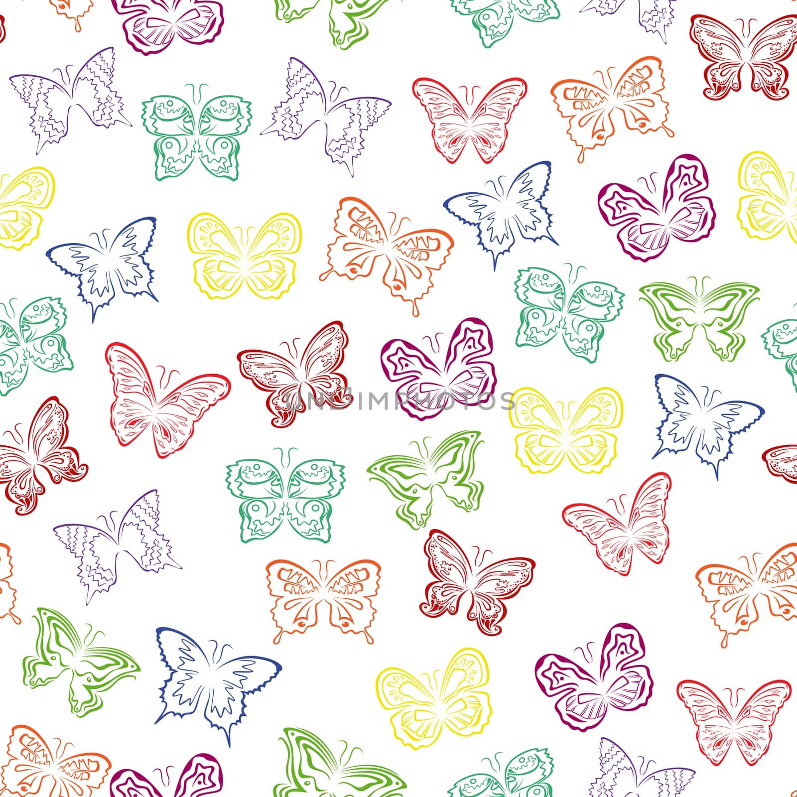 Editable vector seamless pattern with colorful butterflies over white background