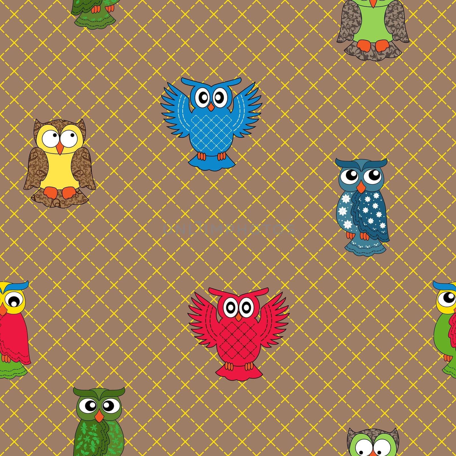 Multicolour owl seamless pattern over seamless background, hand drawing cartoon vector illustration