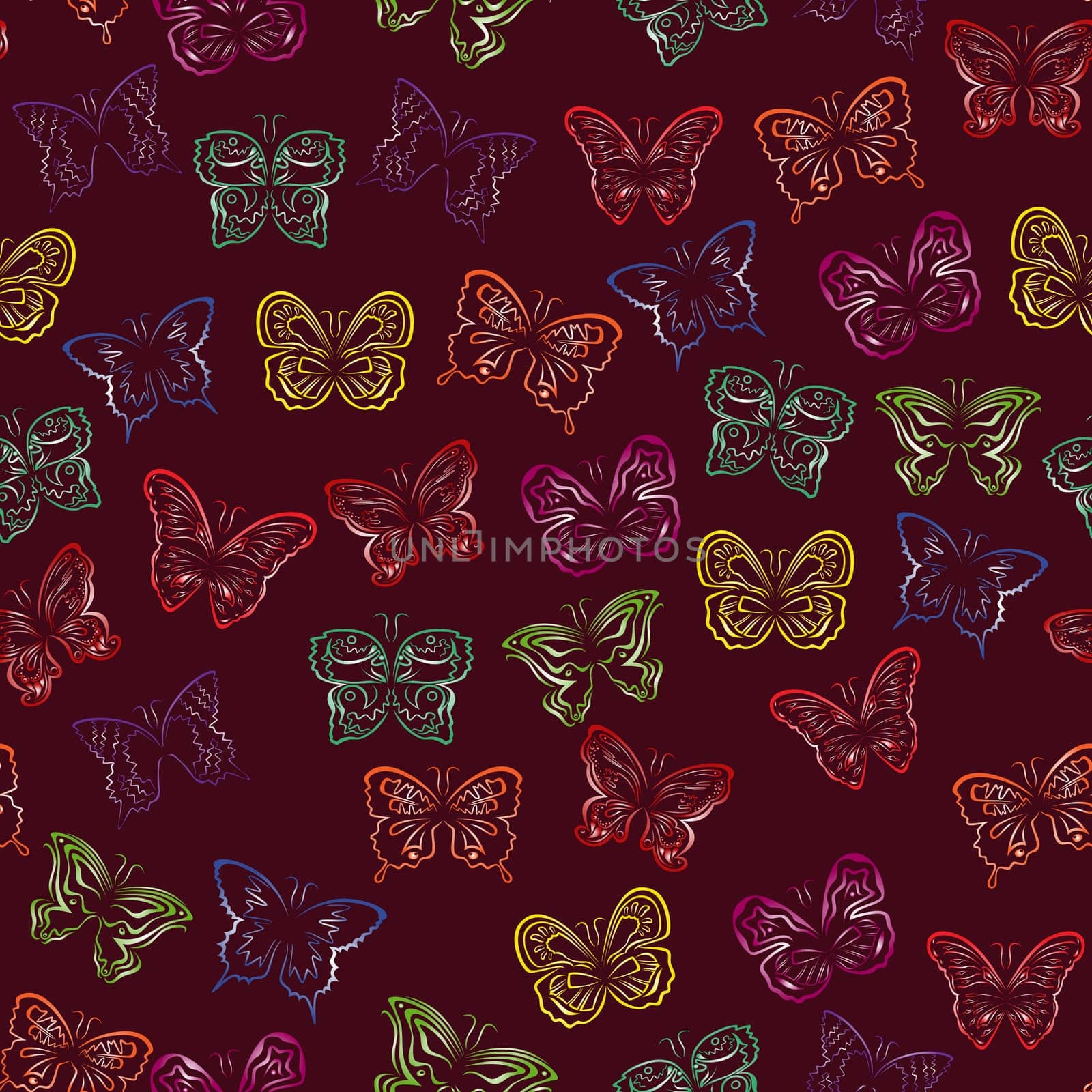 Seamless pattern with colorful gradient butterflies on a background of dark cherry color