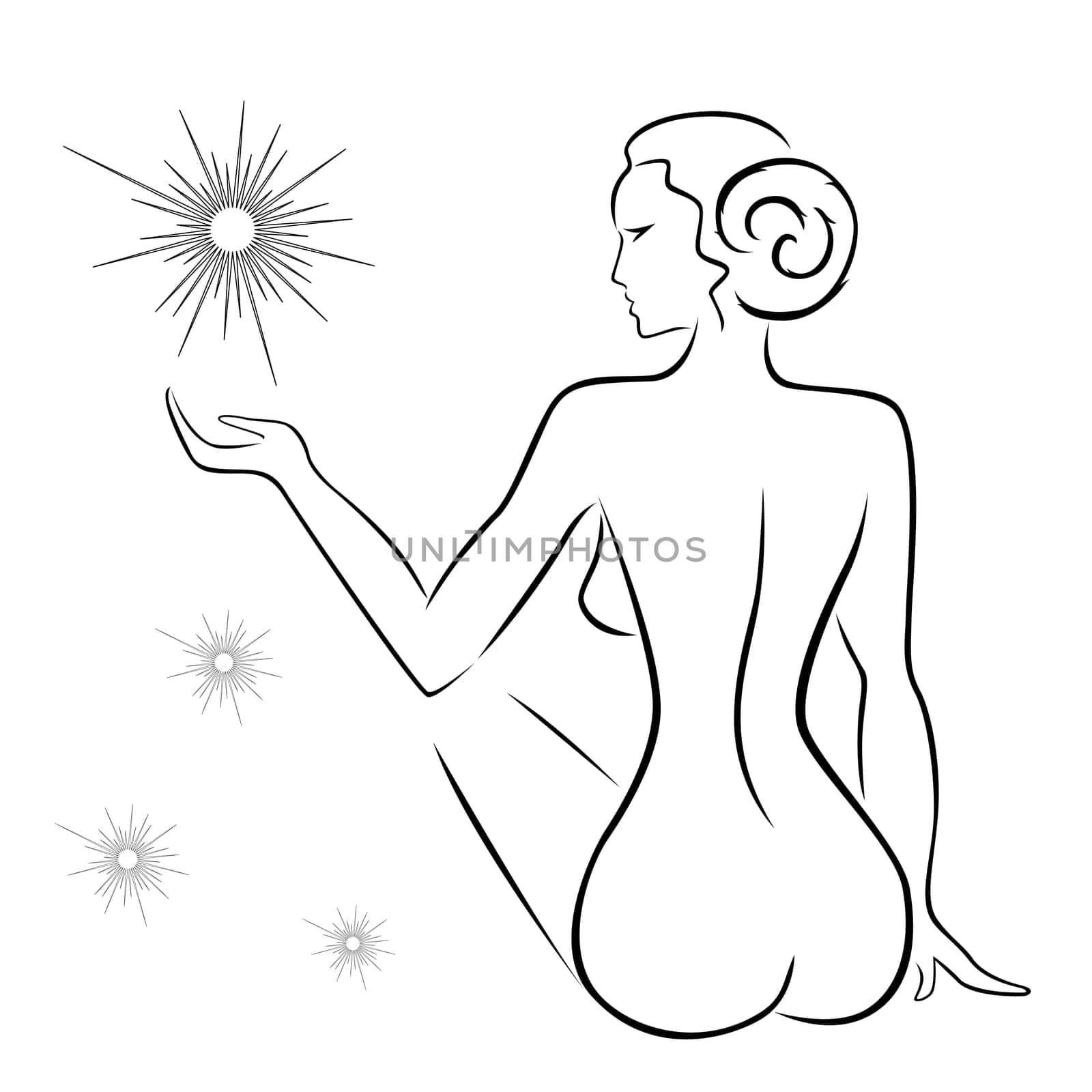Abstract outline of a sexy woman sitting back with stars, black over white hand drawing sketching vector artwork