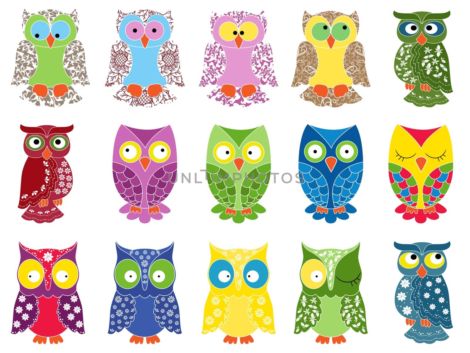 Set of fifteen colourful vector owls with lace ornamental bodies and without contour lines, isolated on white background