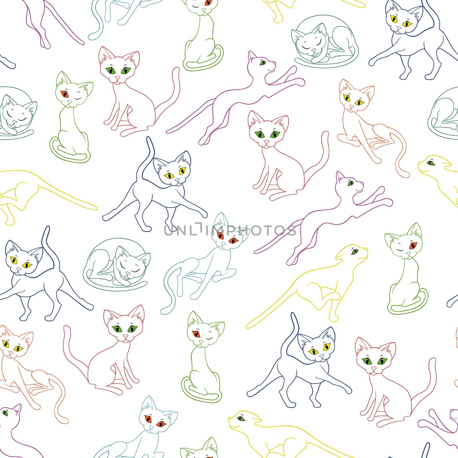 Seamless vector illustration with colorful cat contours over white background
