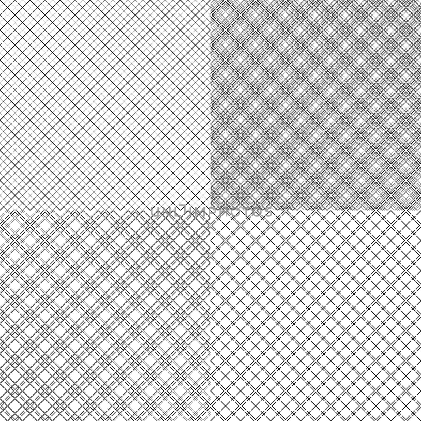 Four mesh seamless patterns in one file collected with various combinations of single and double dashed lines. Black and white vector illustration