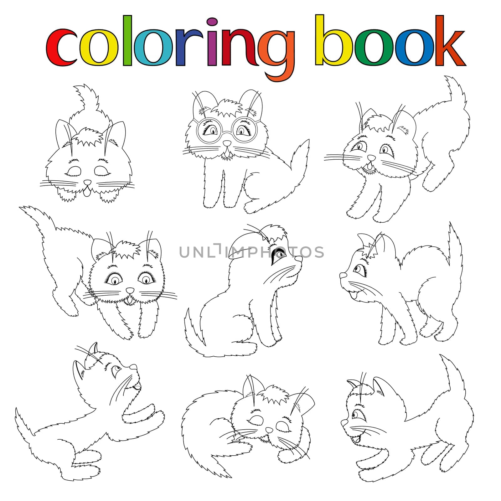 Set of nine playful kittens for coloring book, cartoon vector illustration