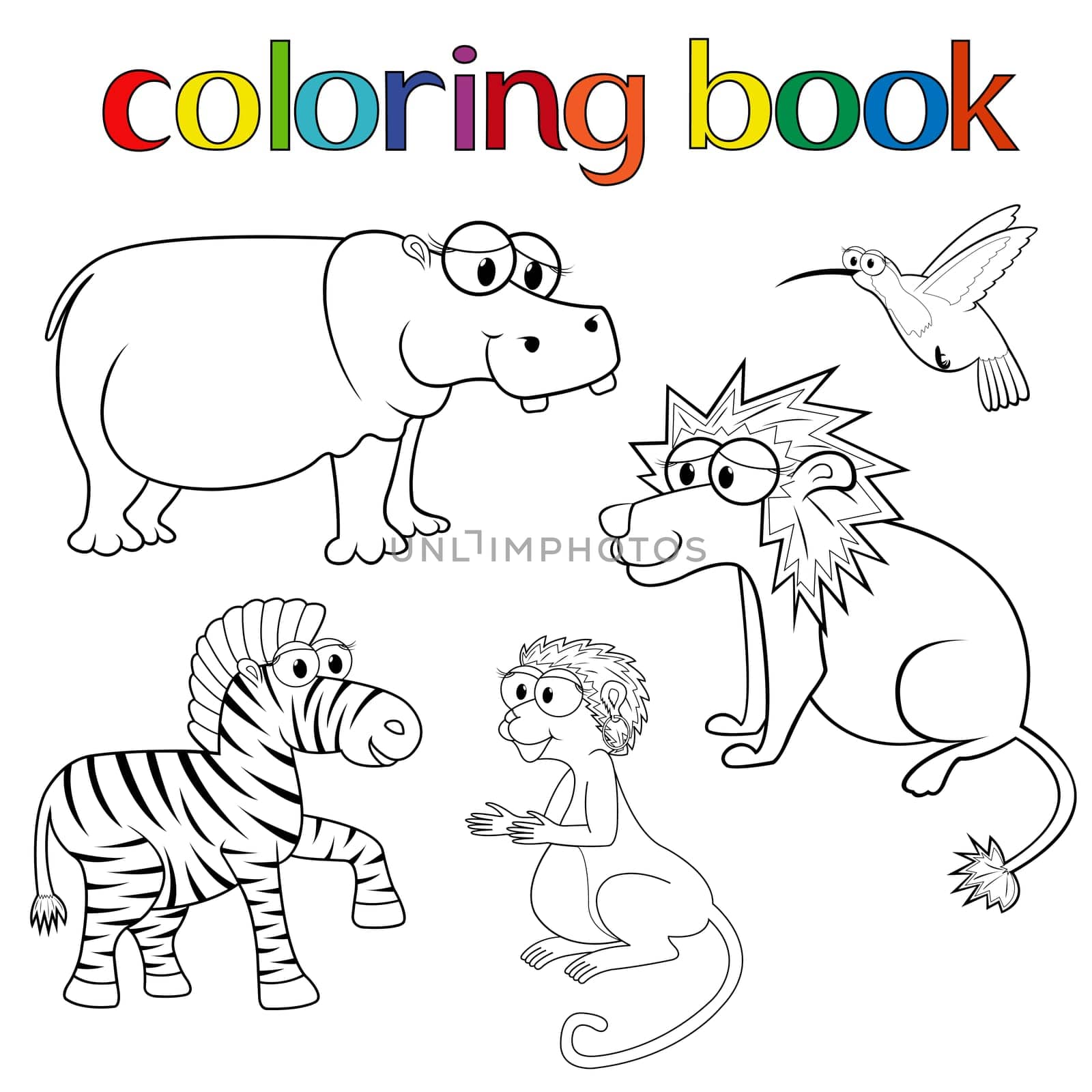 Kit of animals for coloring book with hippo, lion, zebra, hummingbird and monkey, cartoon vector illustration