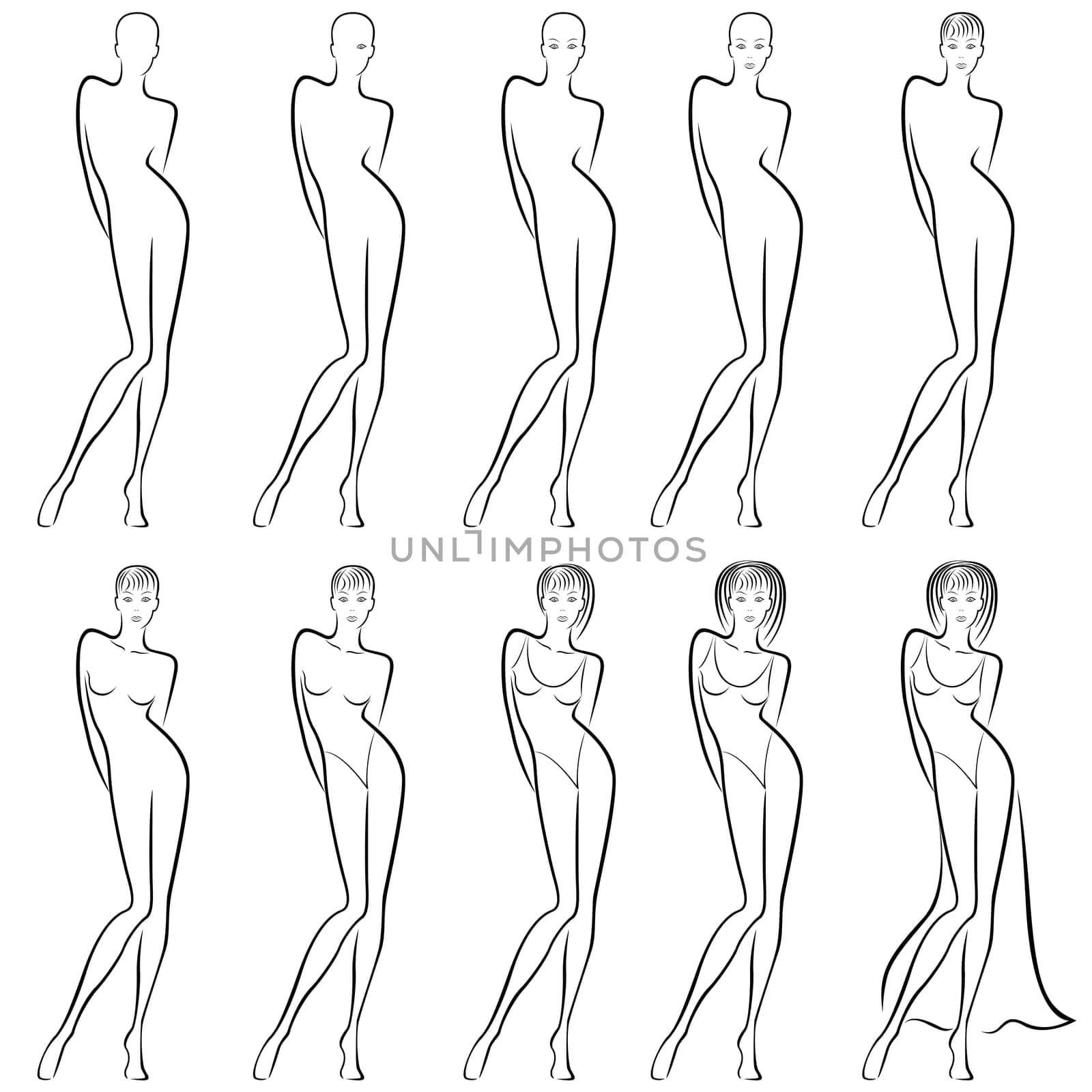 Sequence of hand drawing creation a beautiful female vector contour with ten steps. Model of each stage can be used as a self-contained image