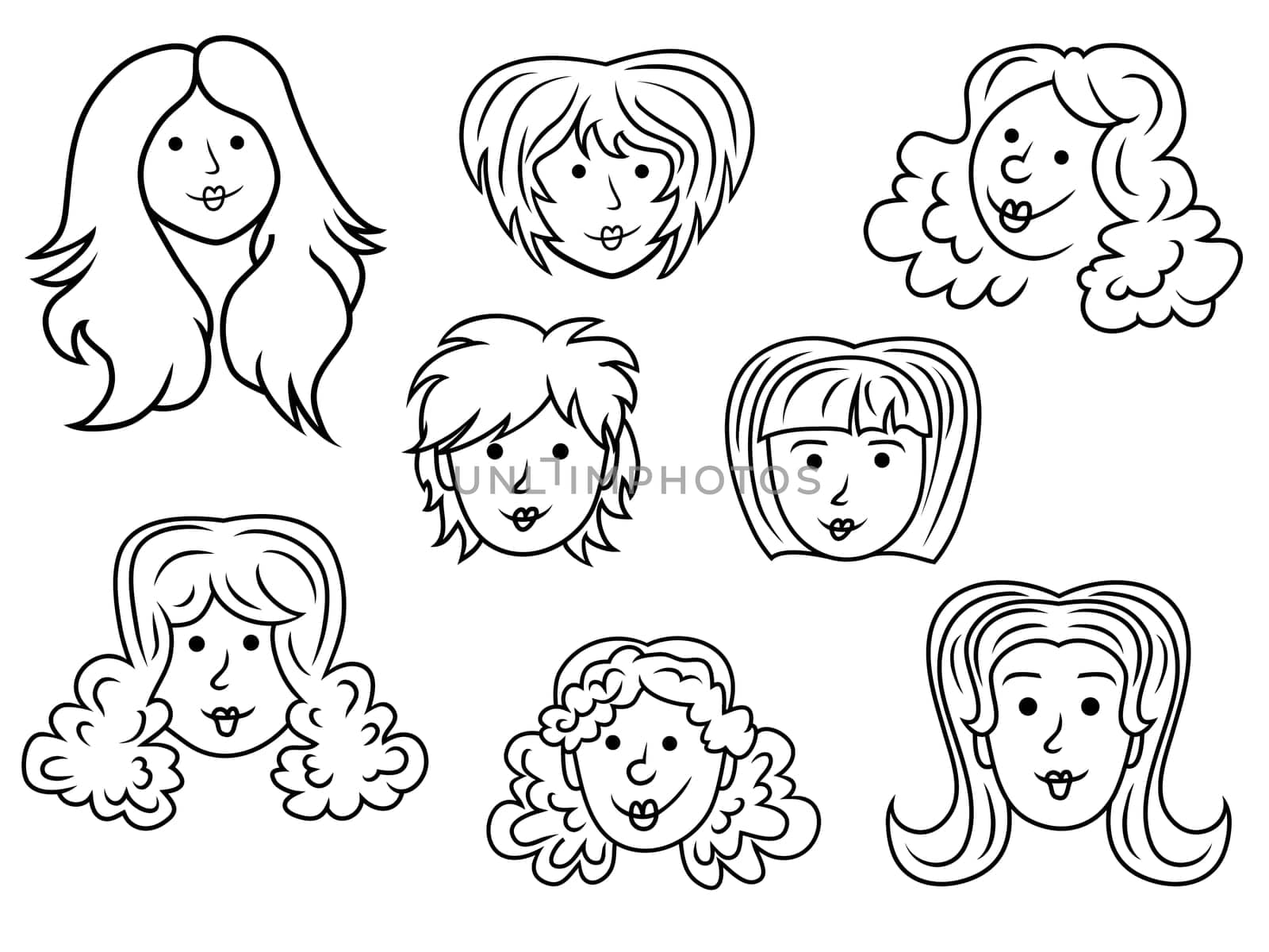 Set with eight funny women contour faces over white, hand drawing cartoon vector illustration
