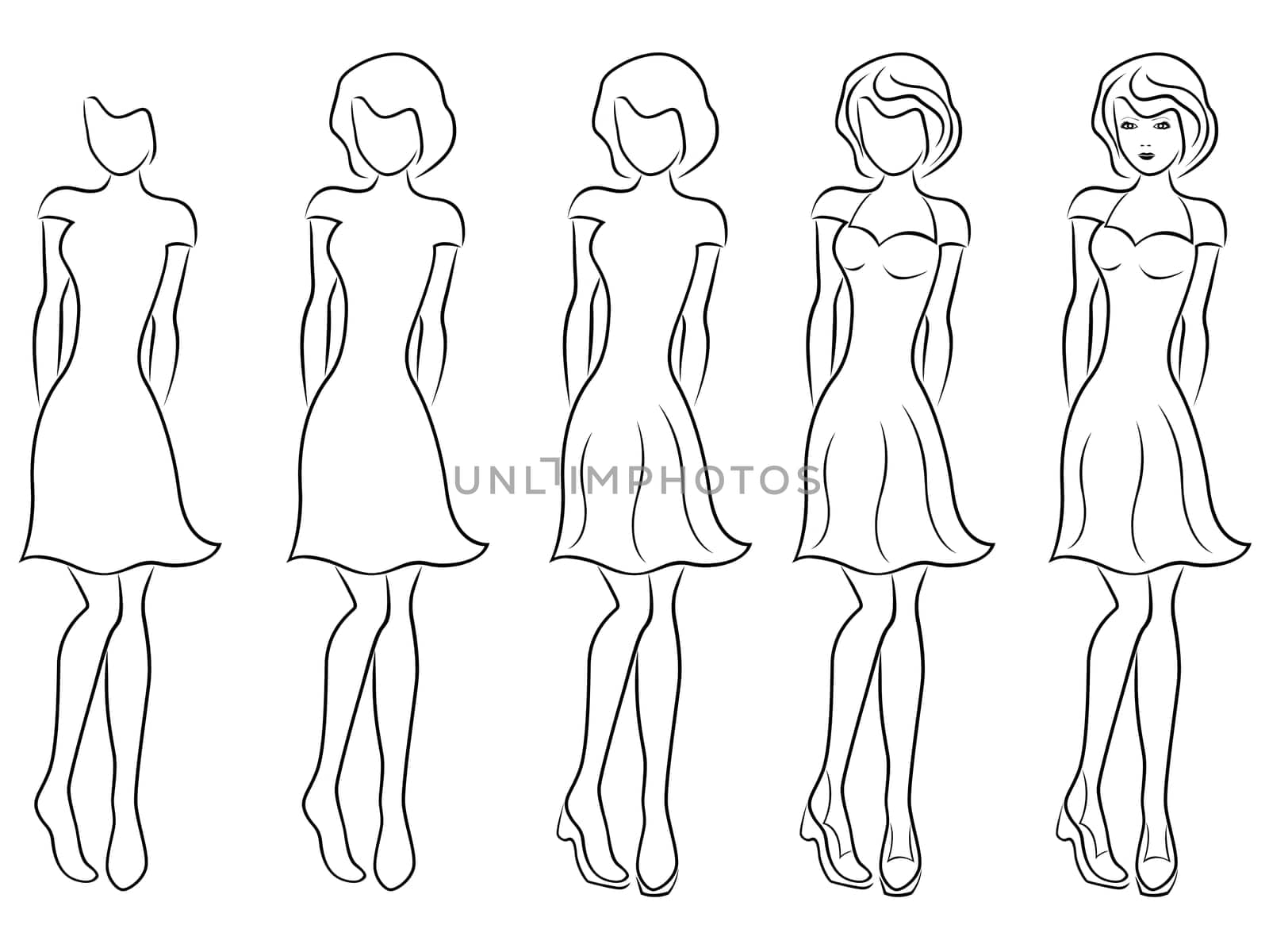 Sequence of hand drawing creation a beautiful women vector contour with five steps. Model of each stage can be used as a self-contained image