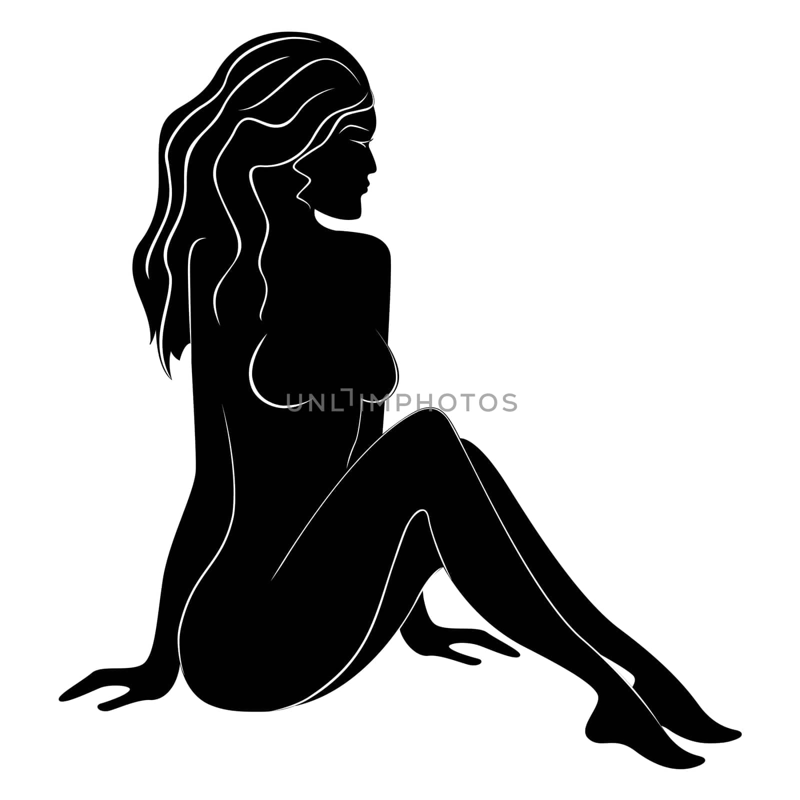 Black silhouette of sitting beautiful woman with flowing hair, hand drawing vector illustration