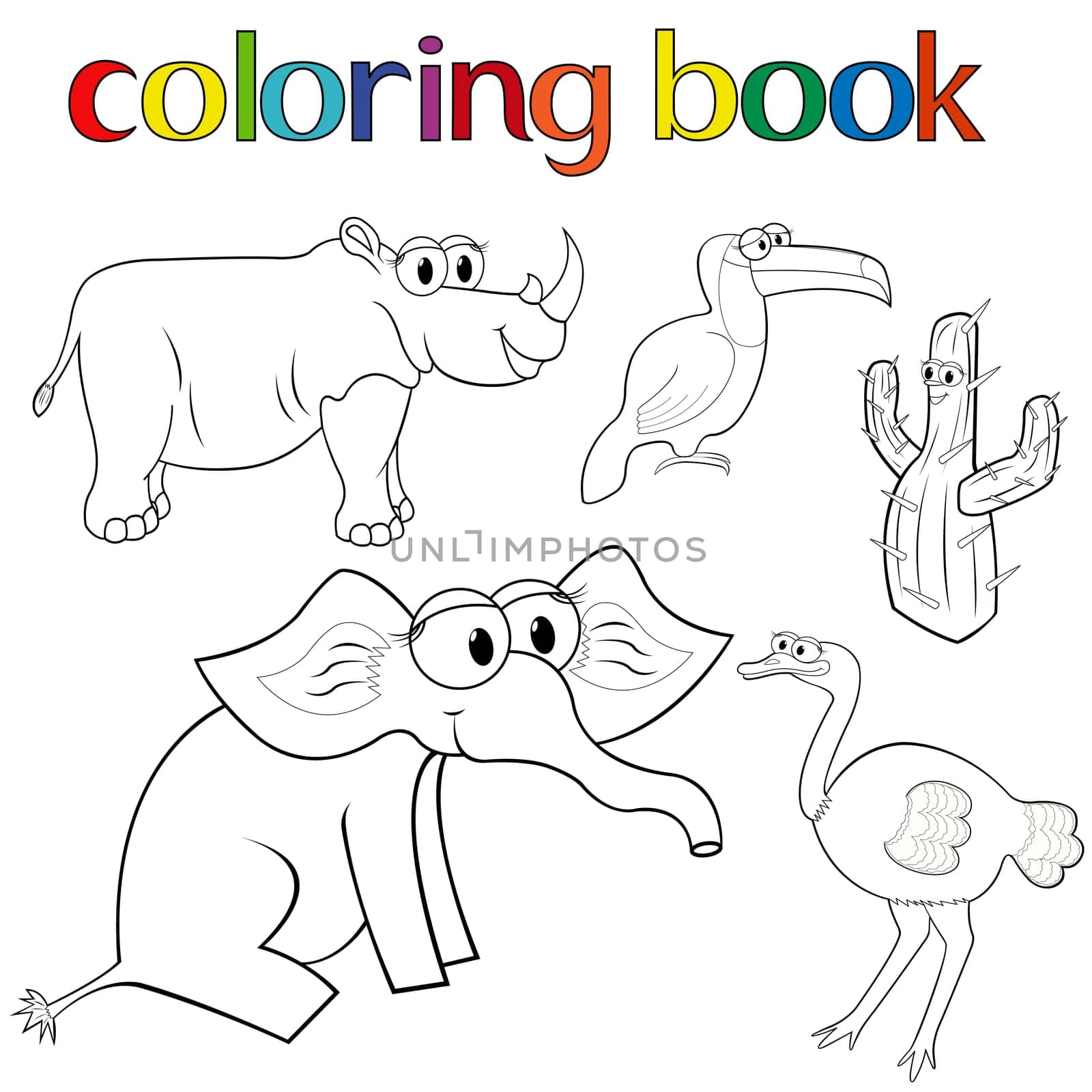 Set of animals for coloring book with rhino, toucan, elephant and ostrich, and prickly cactus, cartoon vector illustration
