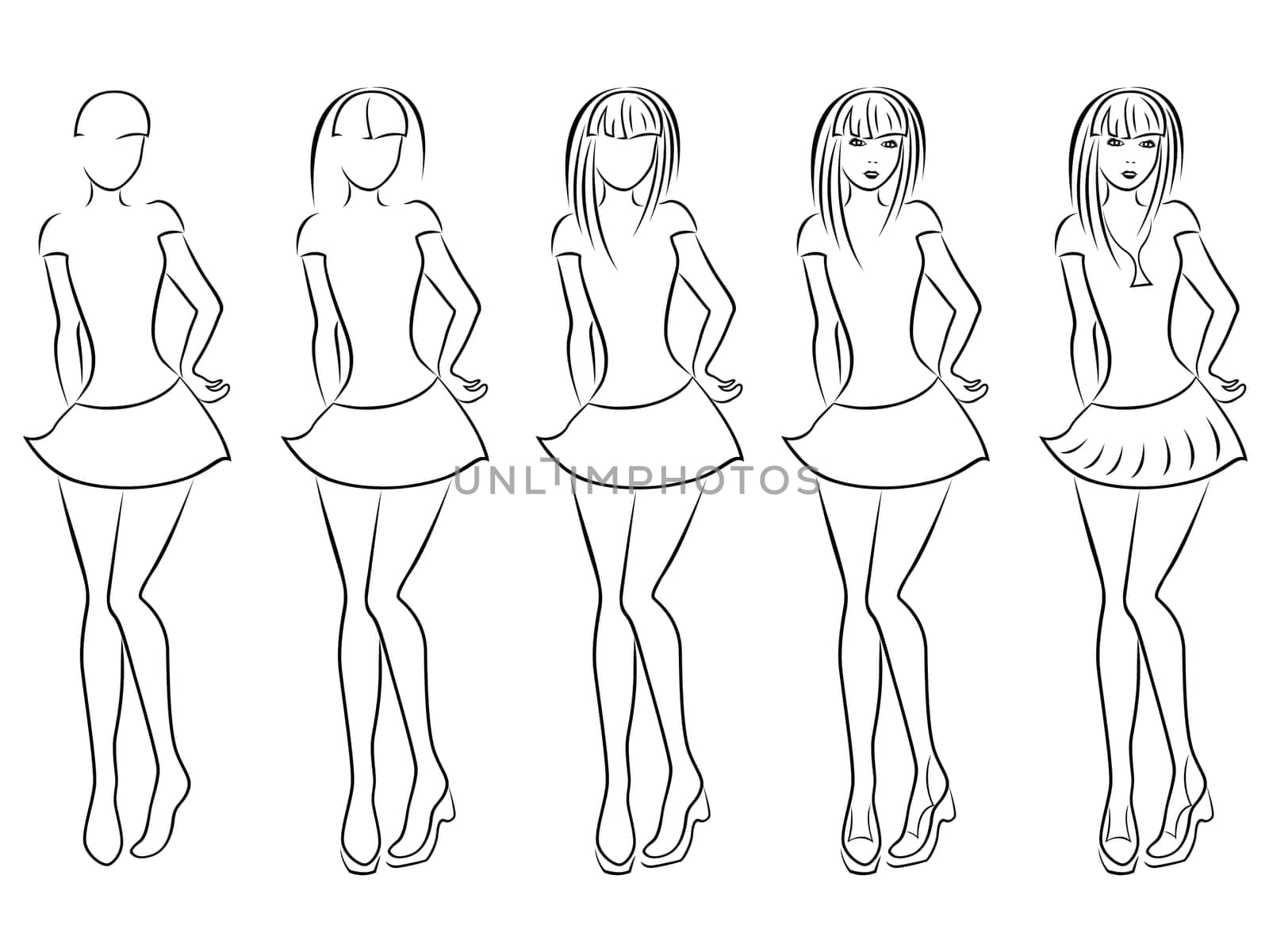 Attractive young women vector contour in hand drawing sequence with five steps. Model of each stage can be used as a self-contained image