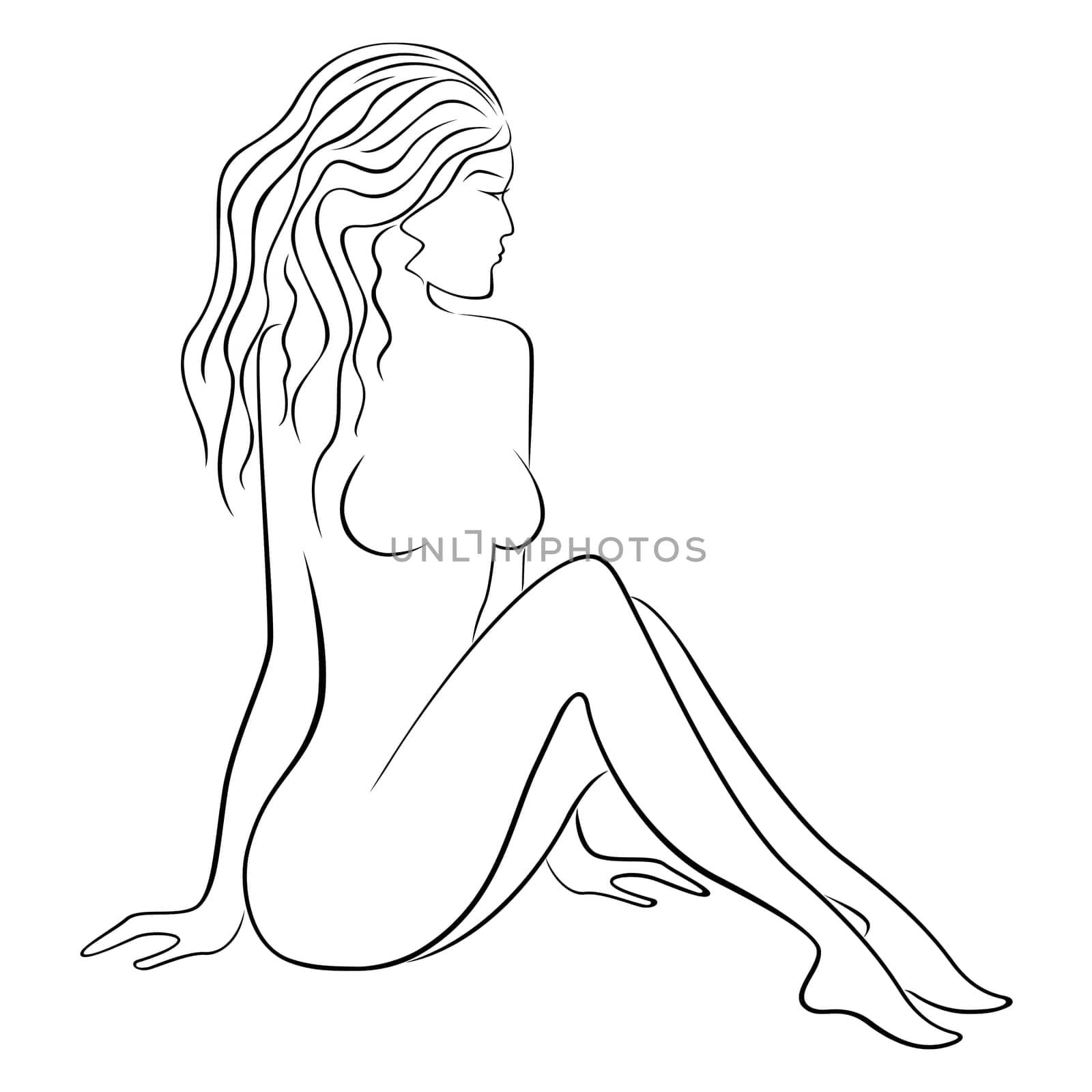 Black contour of sitting beautiful woman with flowing hair, hand drawing vector illustration