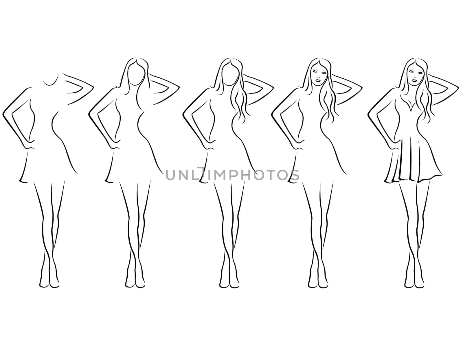Sequence of hand drawing creation a beautiful young women vector contour with five steps. Model of each stage can be used as a self-contained image