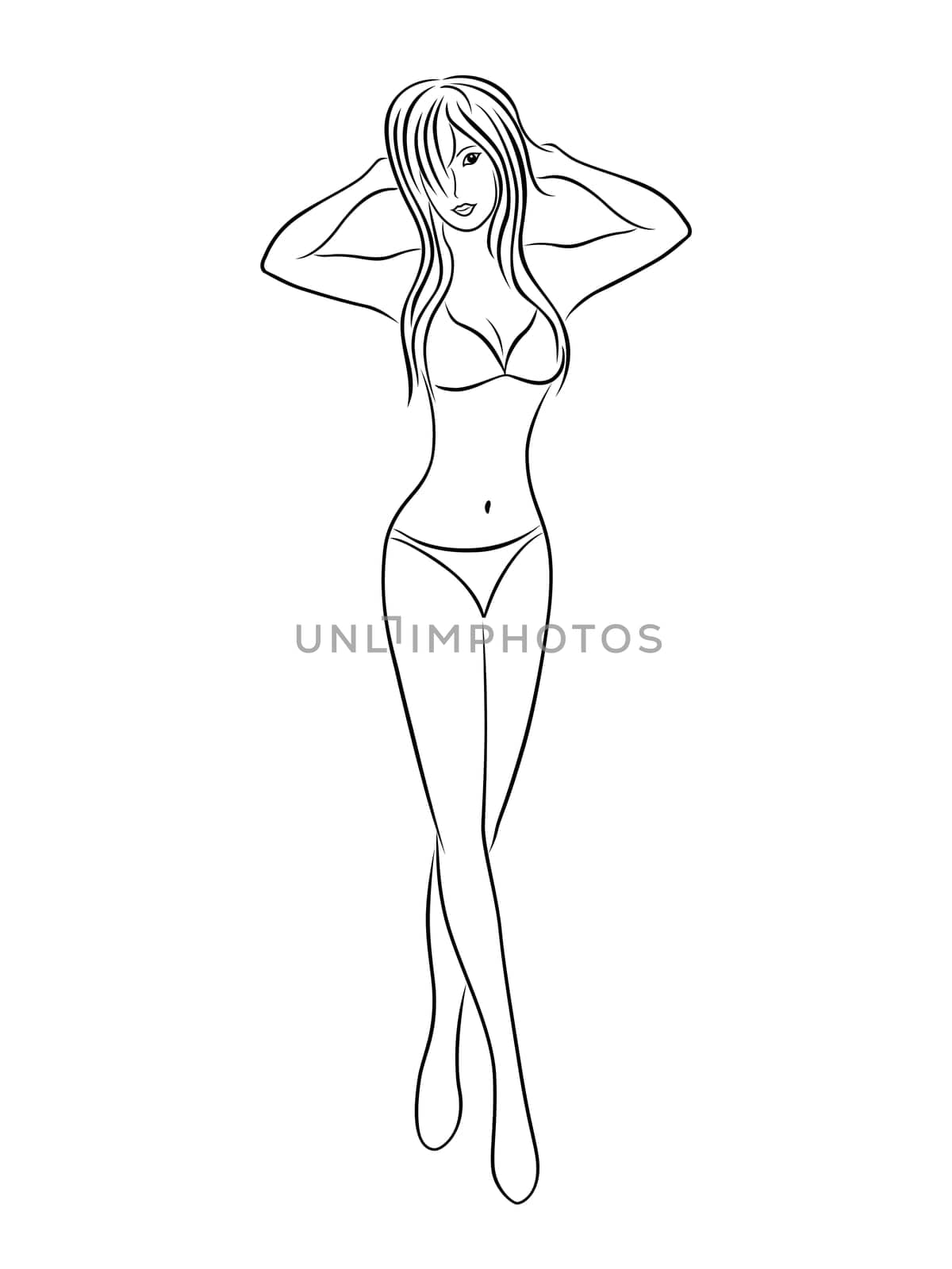 Beautiful young slim woman in bikini, vector hand drawing black contour on a white background