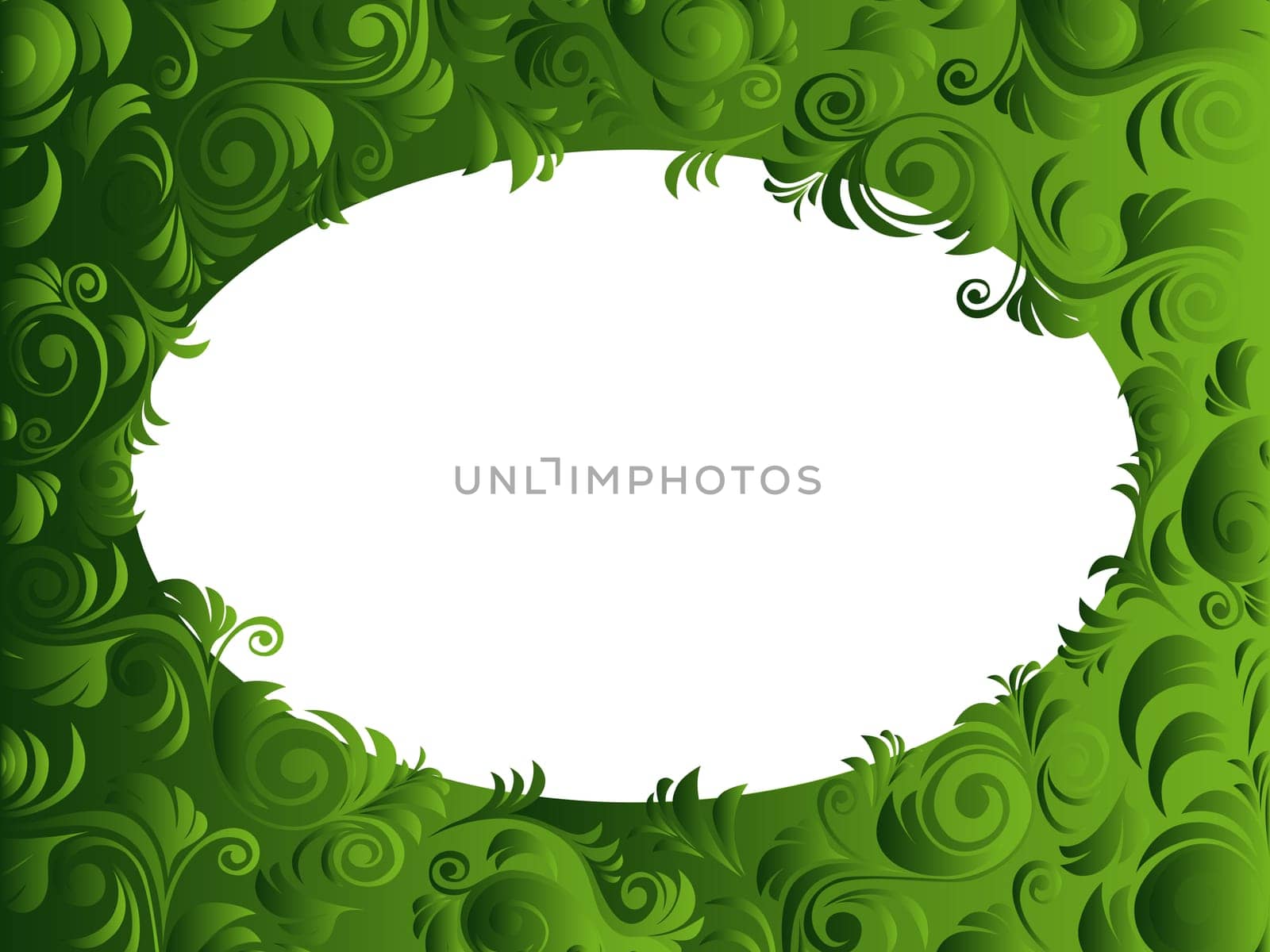 Oval horizontal frame with floral elements in green hues, hand drawing vector artwork