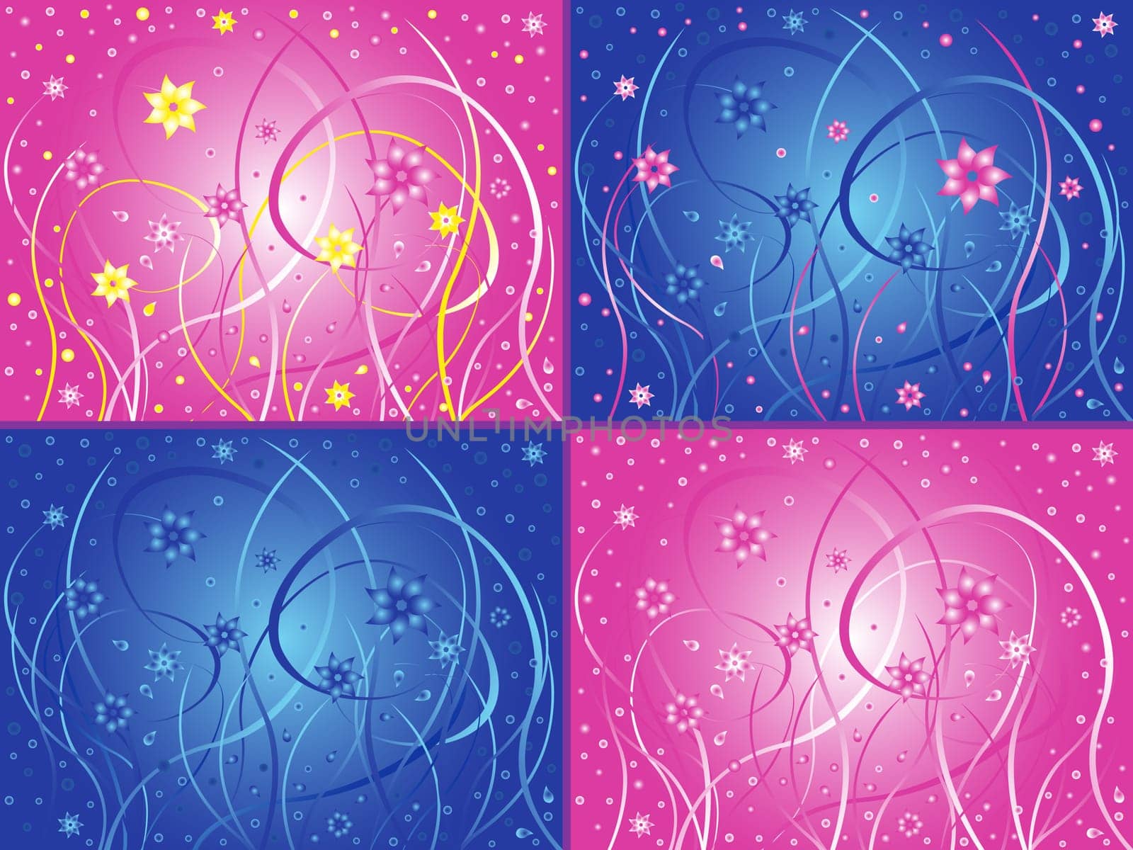 Abstract phantasmagoric floral hand drawing vector artwork in four different color designs with pink and blue hues