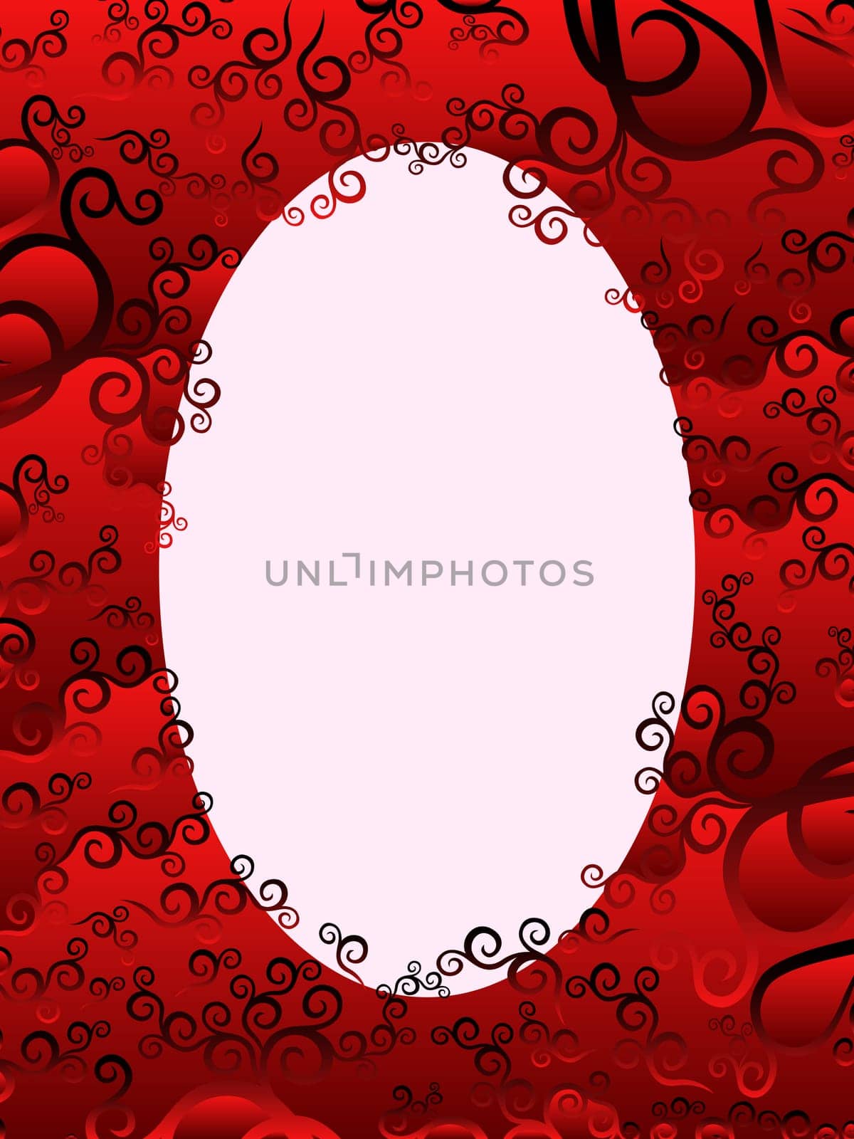 Oval vertical frame with floral elements in red hues, hand drawing vector artwork