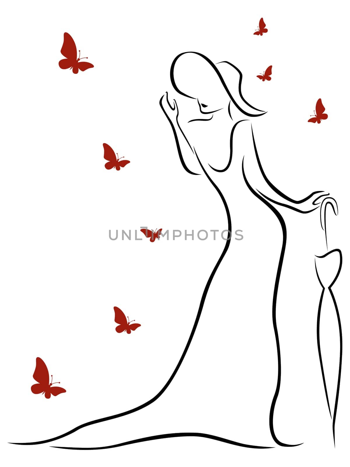 Lady in long gown and wearing a hat with an umbrella and butterflies around her, contour vector Illustration