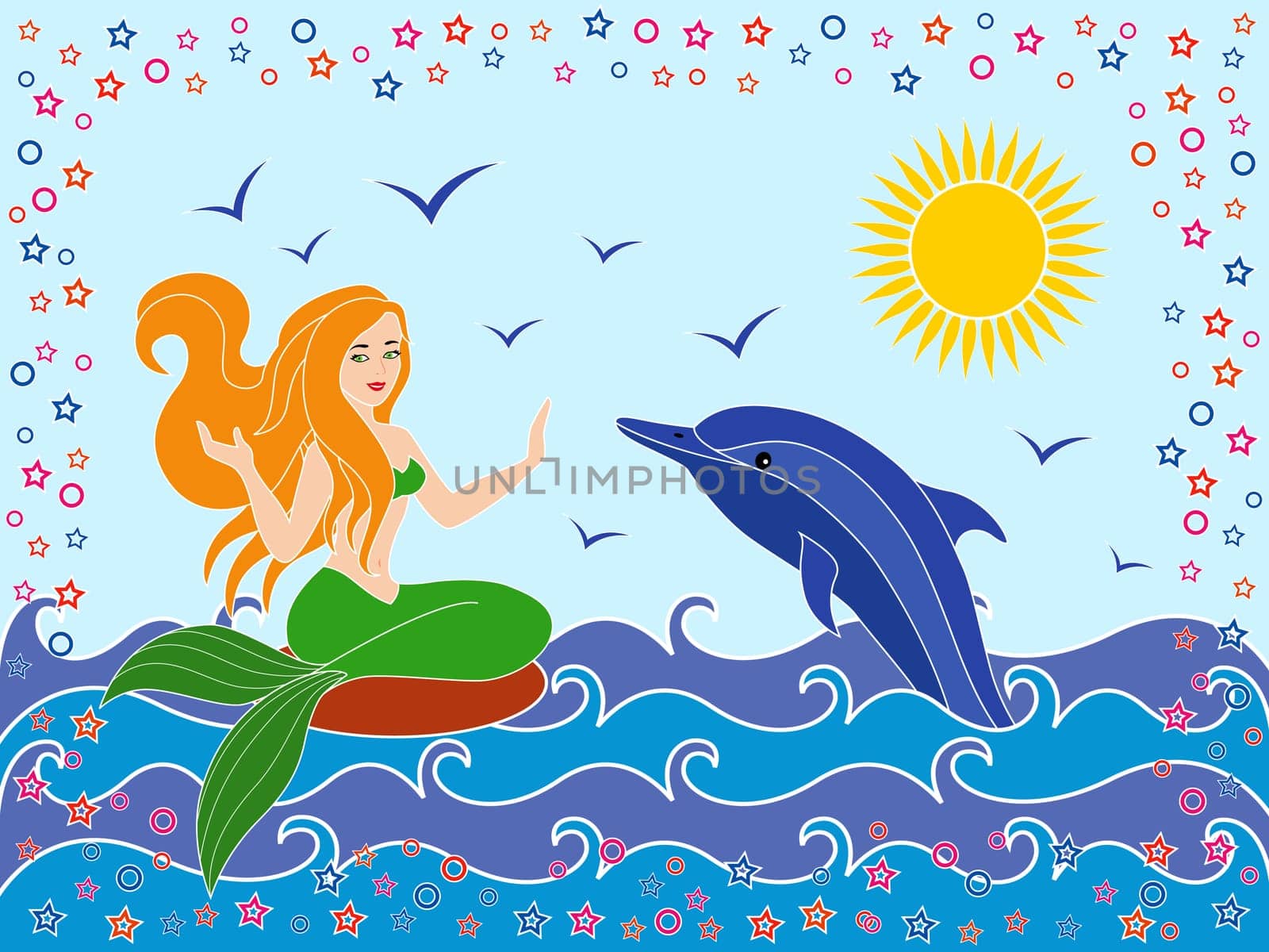 Dolphin and Mermaid as a mythical girl on the sea waves in the warm season, hand drawing vector illustration