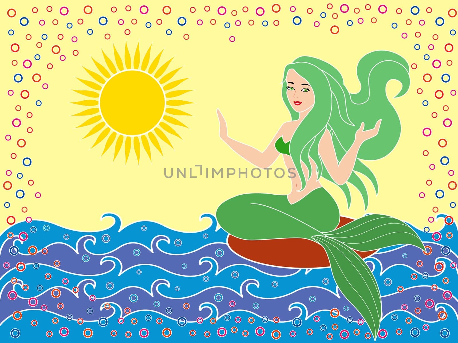 Mermaid as a mythical girl on the sea waves in the warm season, hand drawing vector illustration