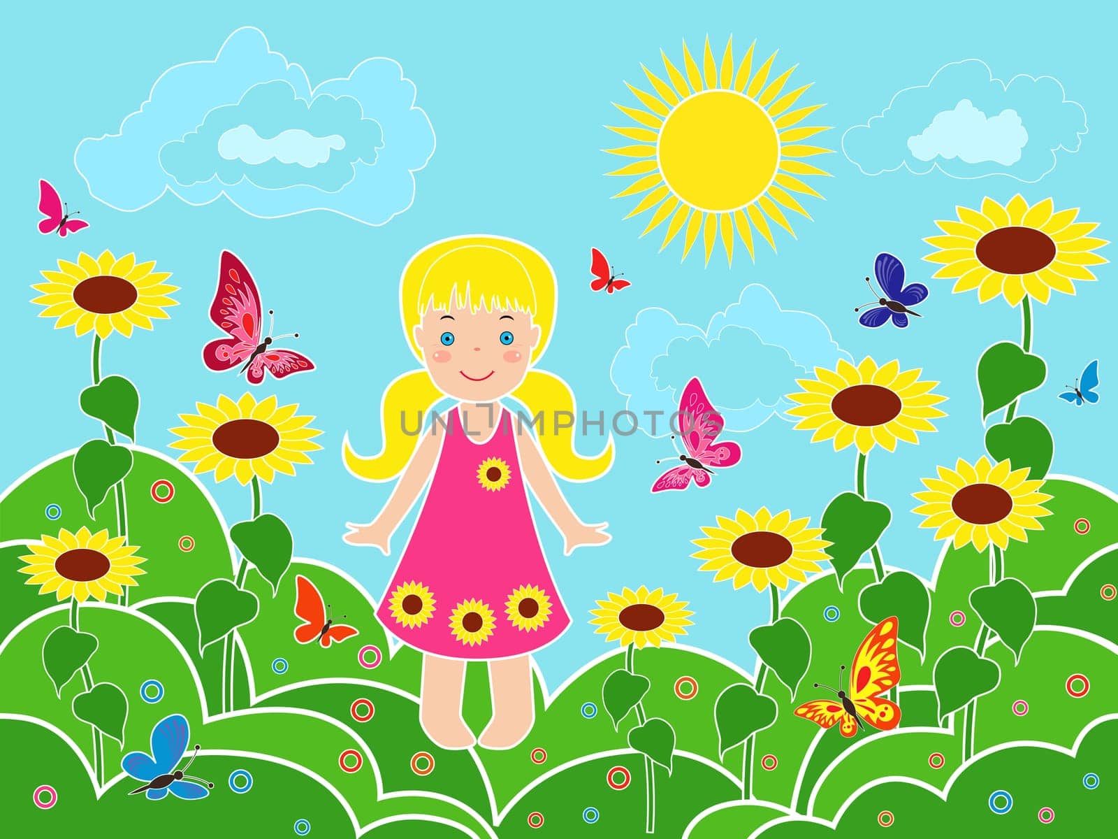 Small children girl on the field among sunflowers in sunny summer day, multicolor vector illustration
