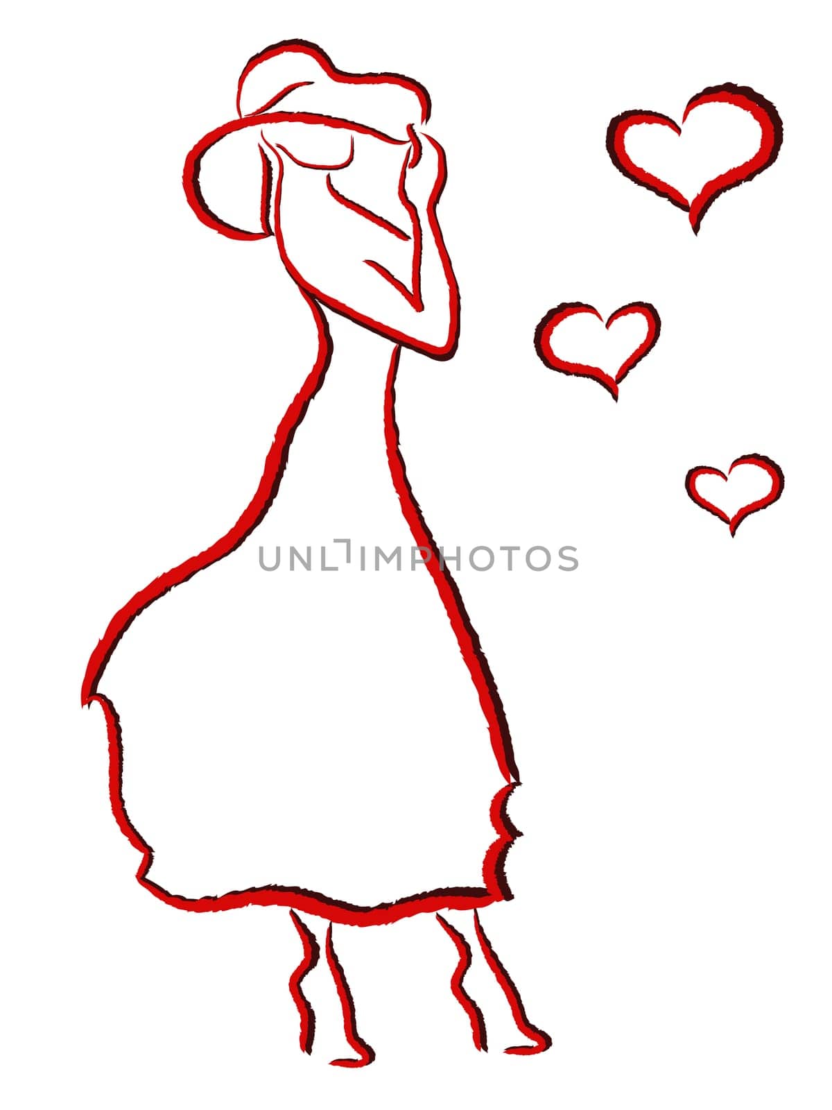 Romantic young woman in big hat and cocktail dress isolated on white background, hand drawing vector illustration with red and black contours
