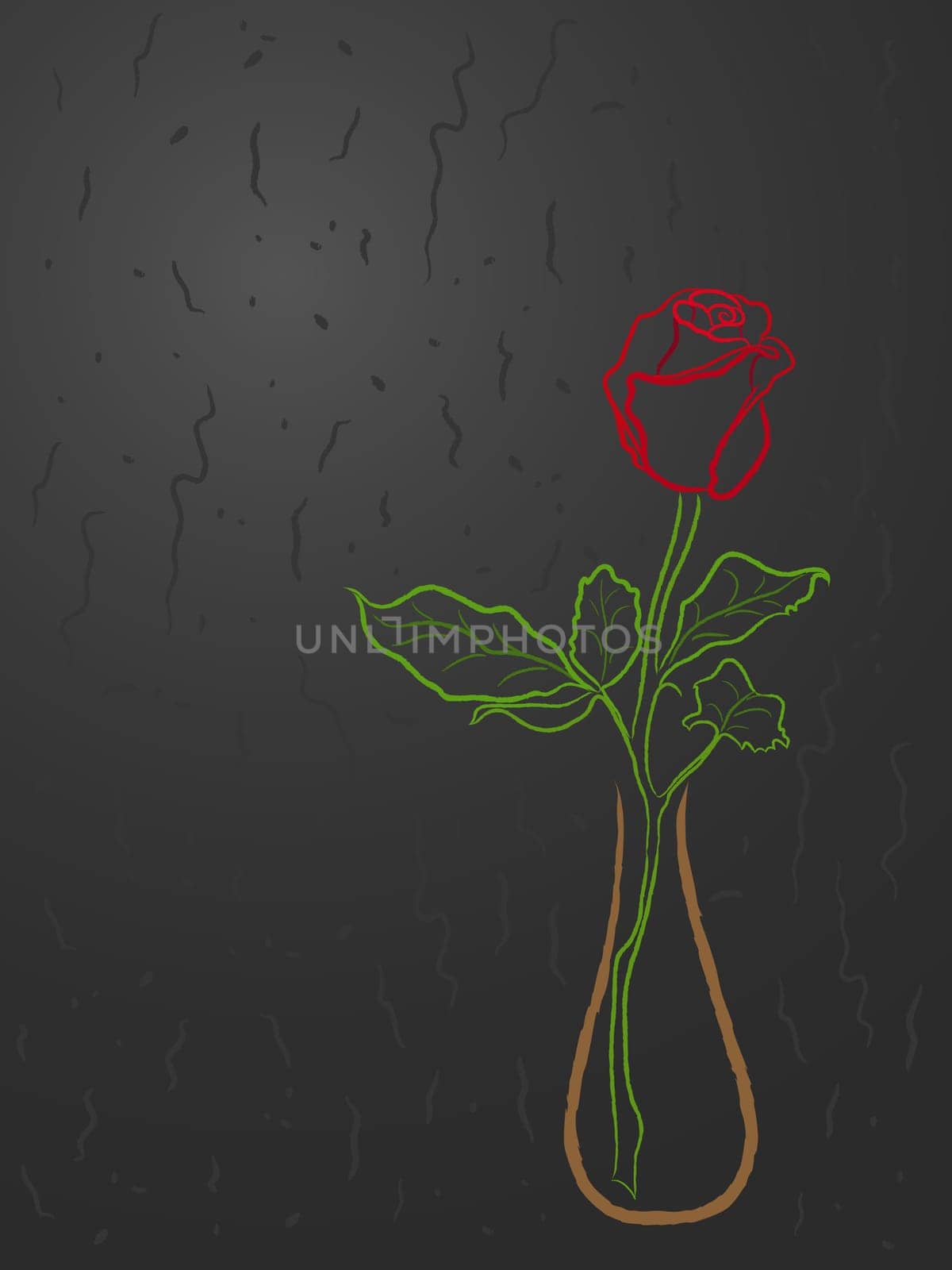 Stylized red rose in a vase over abstract dark grey background, hand drawing vector illustration