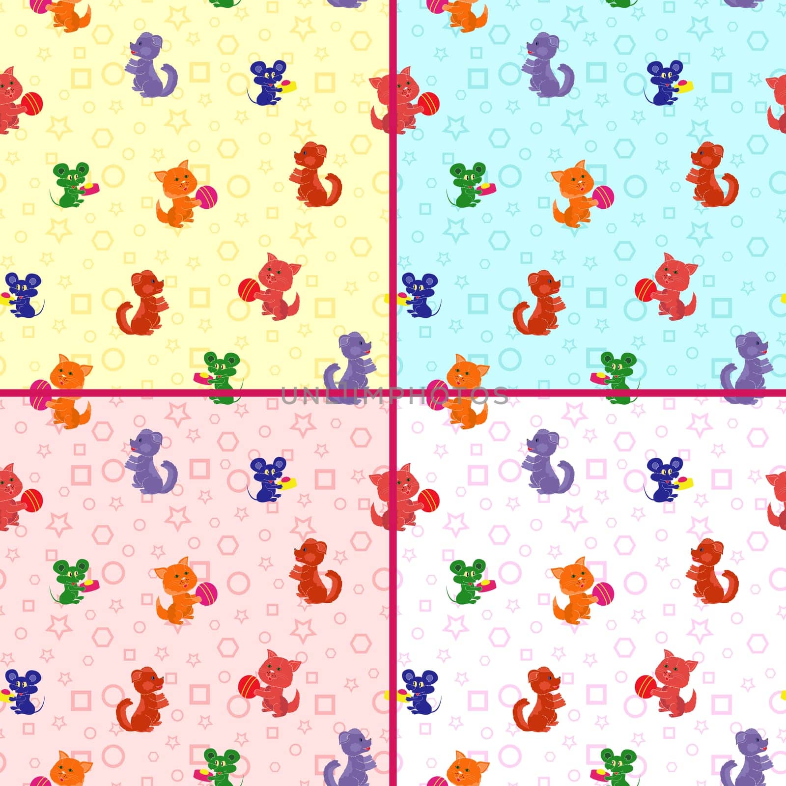 Four identical seamless vector patterns with cartoon cats, dogs and mouse on the geometrical background. Backgrounds can be used as a separate vector pattern