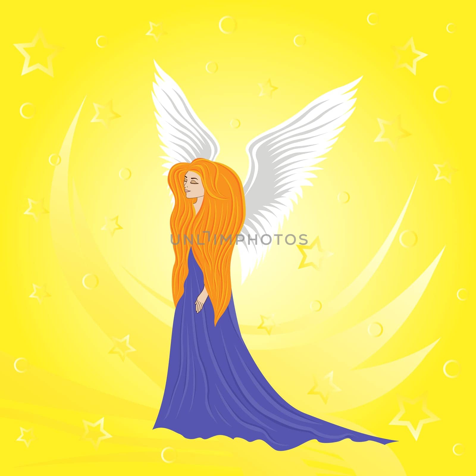 Woman angel on abstract yellow background. Hand drawing vector illustration