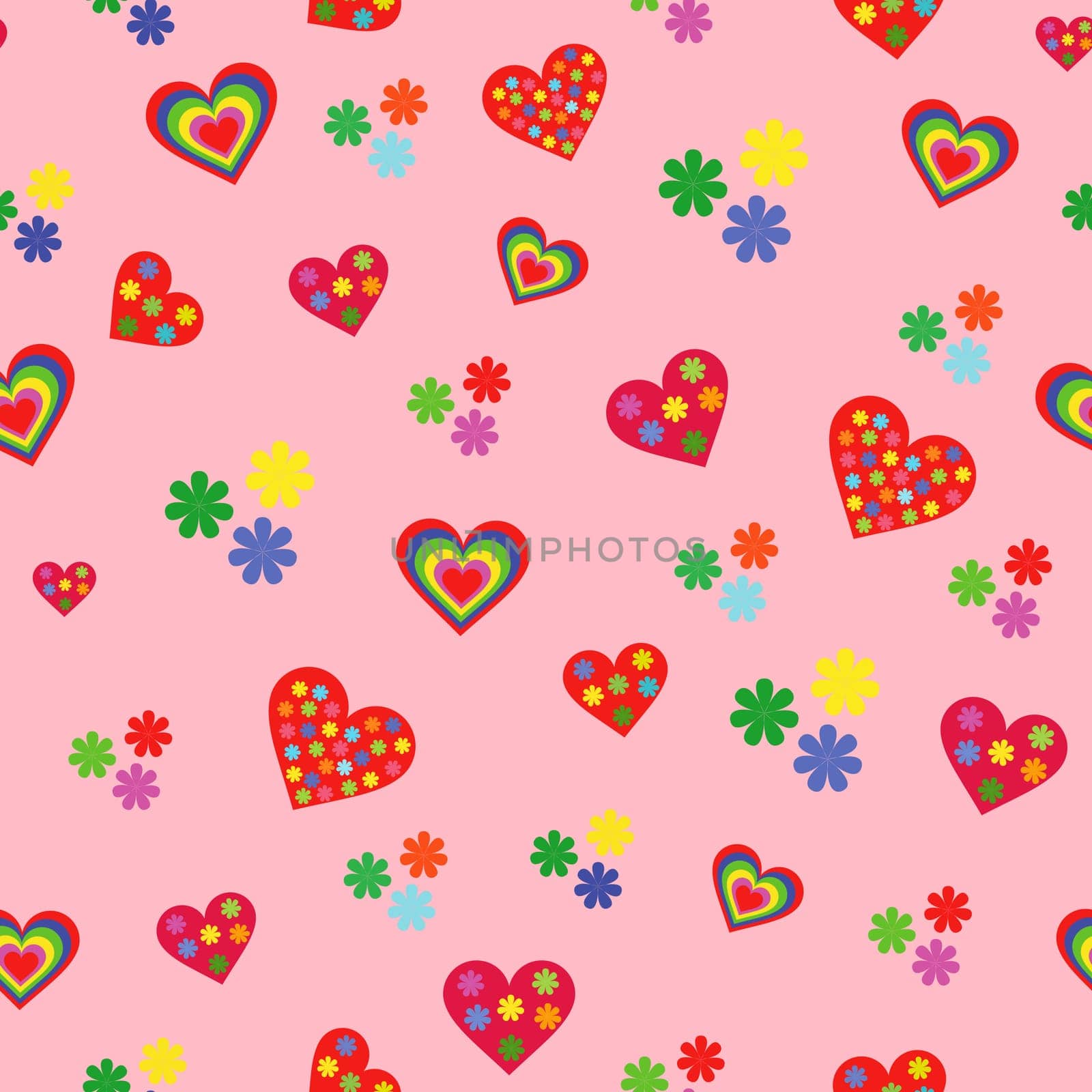 Seamless vector pattern with various colorful Valentine hearts on the pink background