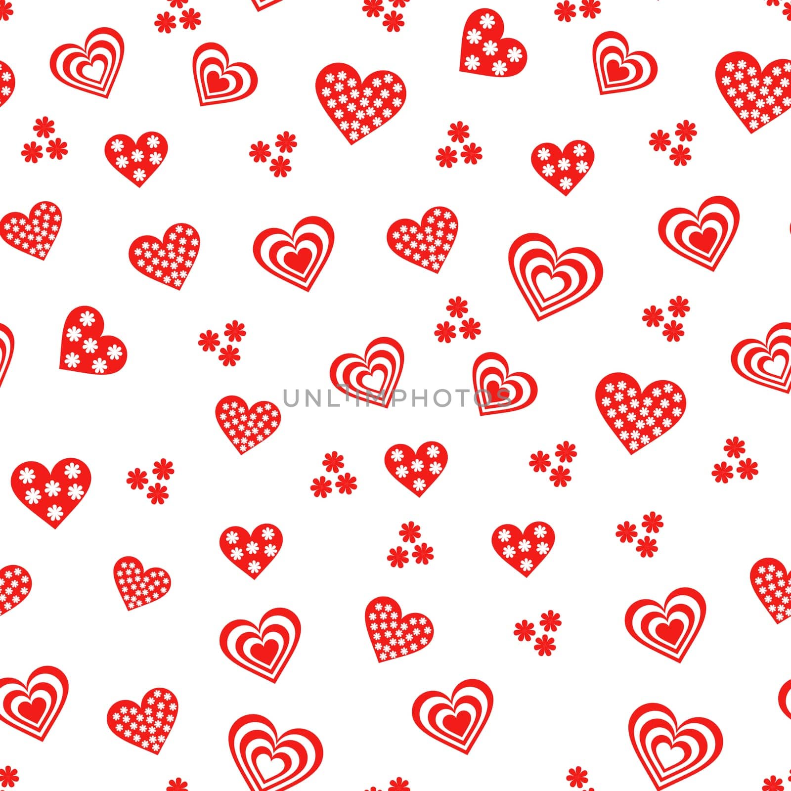 Seamless vector pattern with various red and white Valentine hearts on the white background