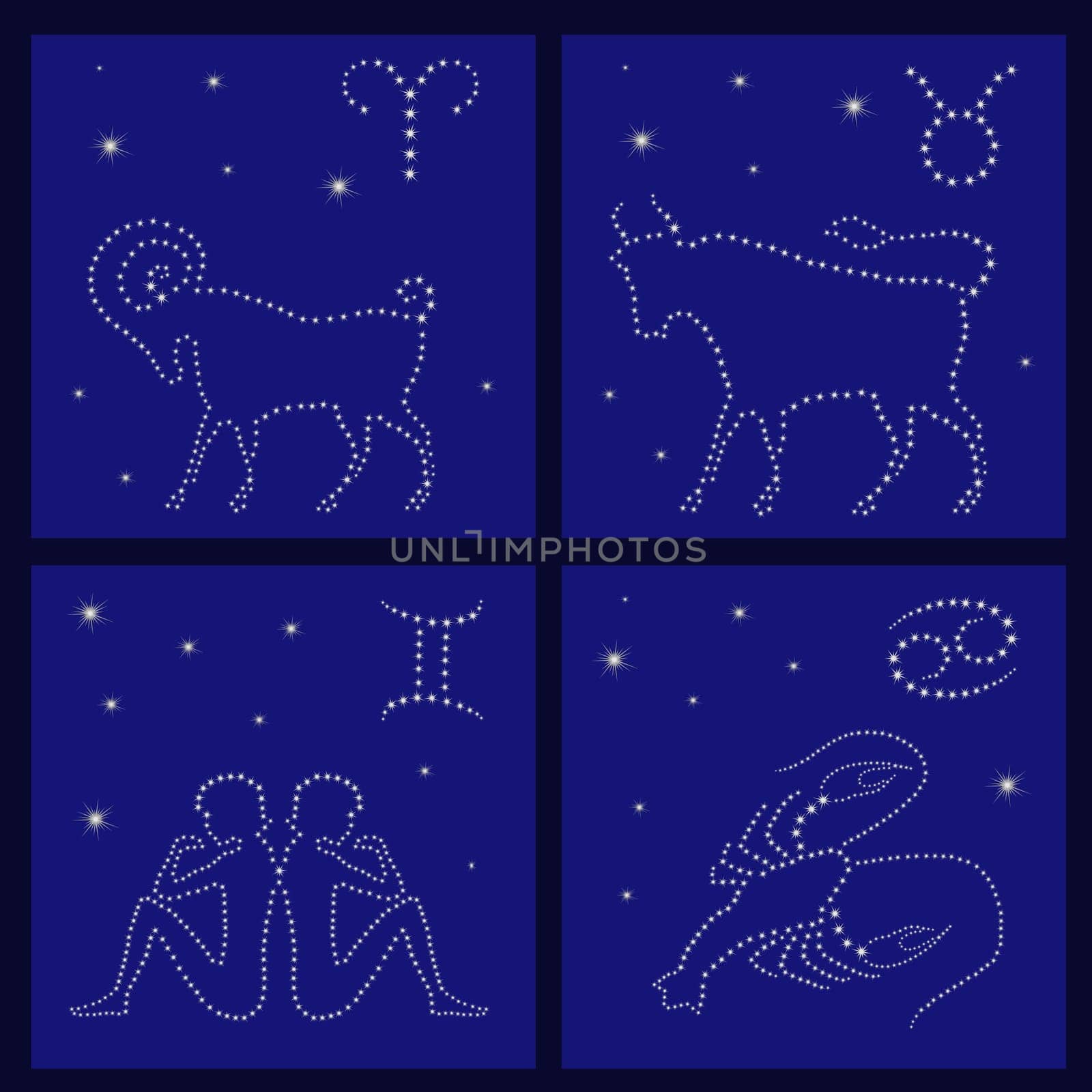 Four Zodiac signs on the starry sky vector illustration