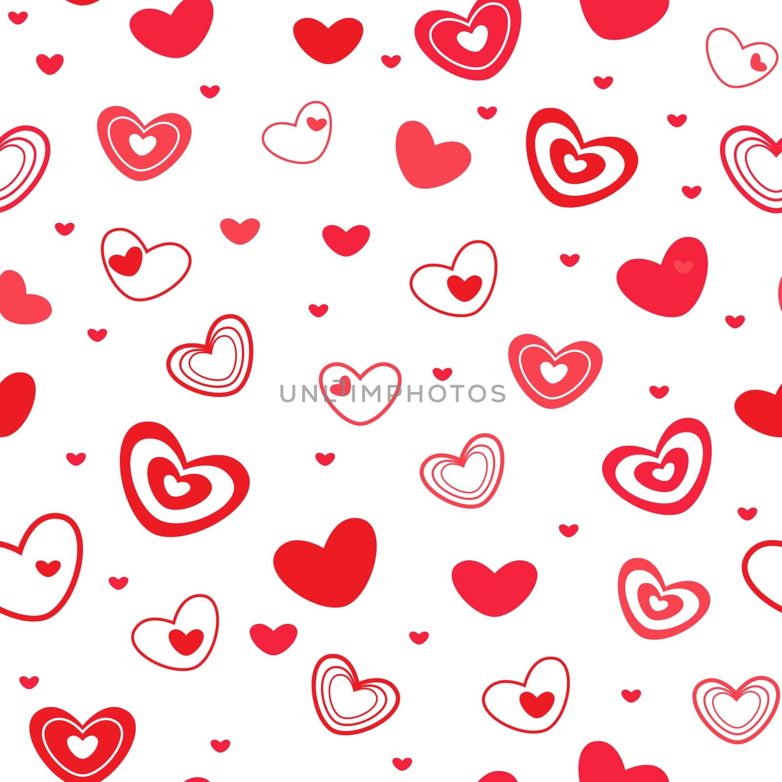 Seamless vector pattern with different red Valentine hearts on the white background