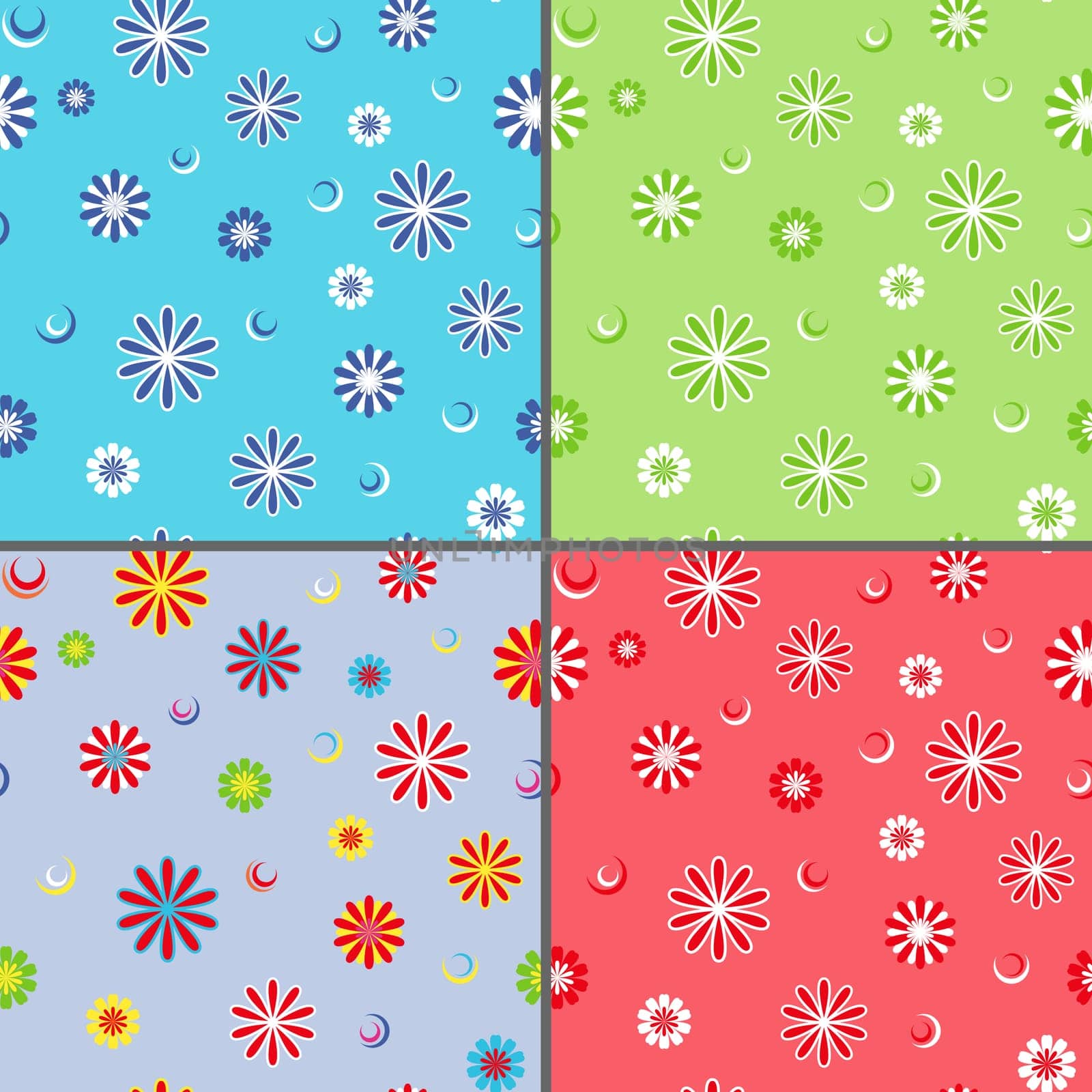 Four identical seamless vector patterns with different colorful daisy flowers as wallpapers