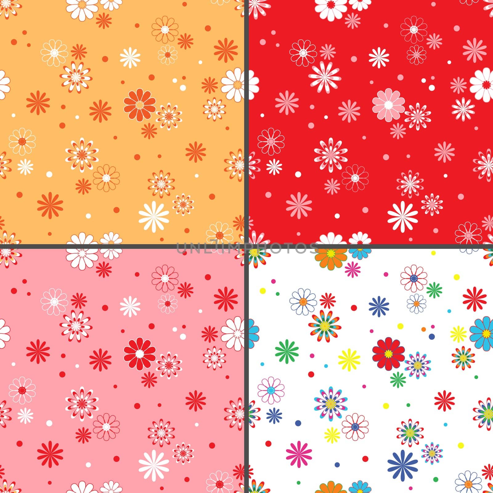 Four identical seamless vector patterns with different colorful chamomile flowers as wallpapers