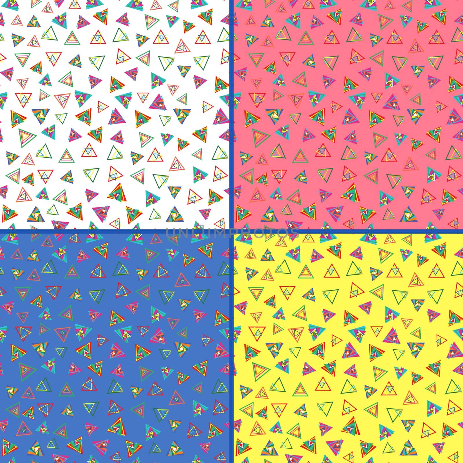 Four identical seamless vector patterns with different colorful triangles