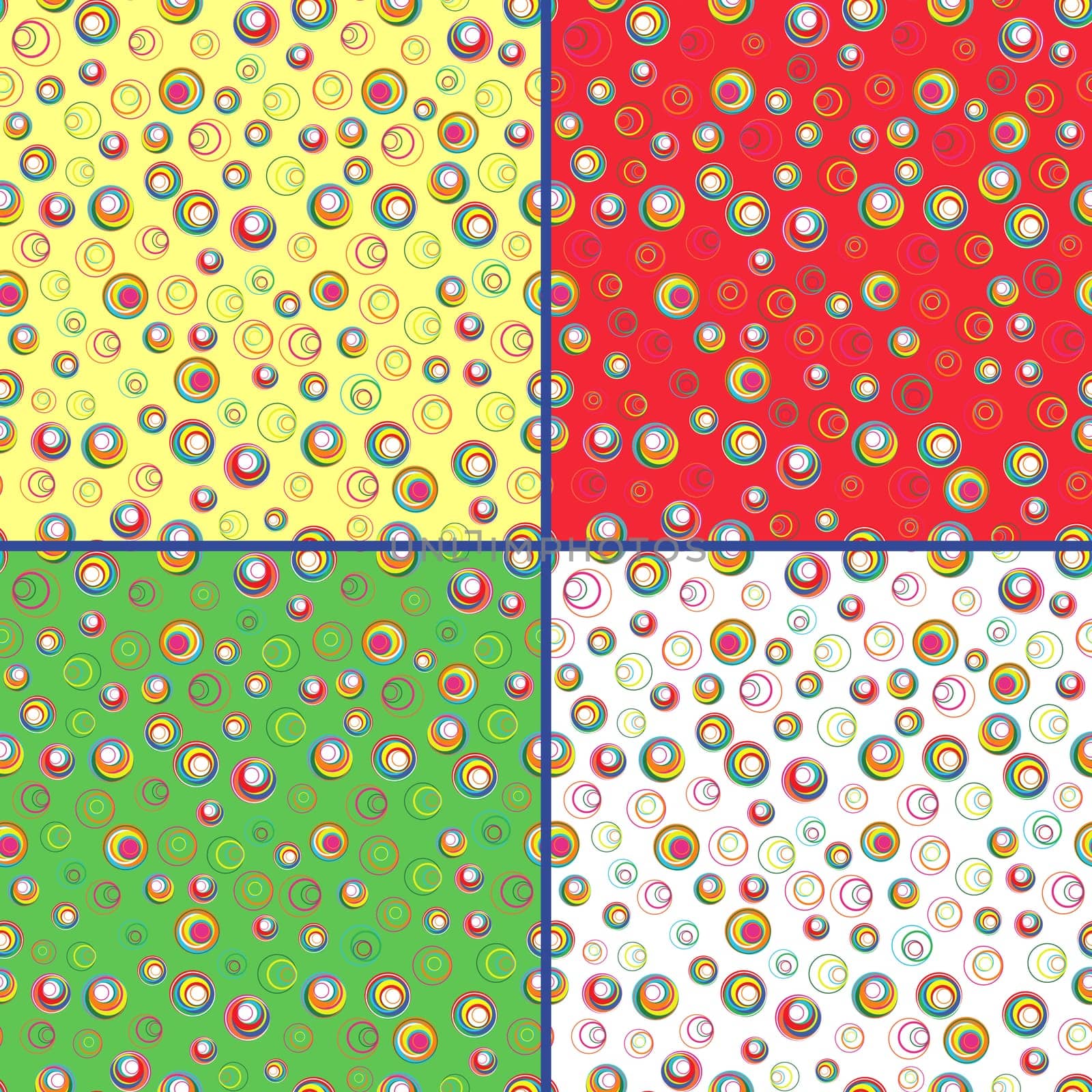 Four identical seamless vector patterns with different colorful circles